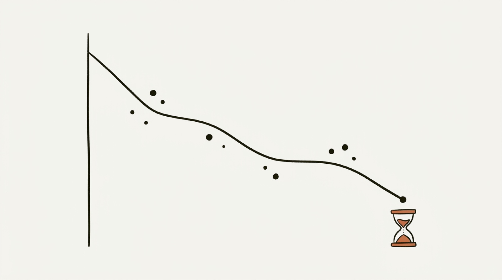 A warm editorial illustration of a line sloping downward from left to right and ending at an hourglass — results falling away as the seconds pass, in cream and near-black tones