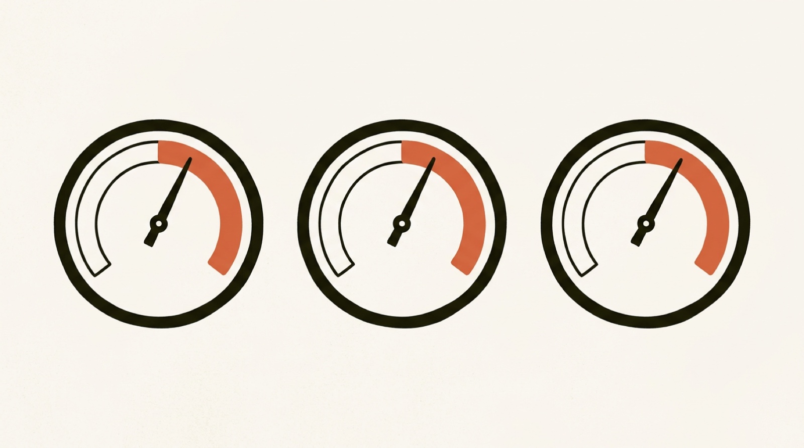 A warm editorial illustration of three gauge dials side by side, each needle resting in a highlighted good zone, like a website health scorecard, in cream and near-black tones