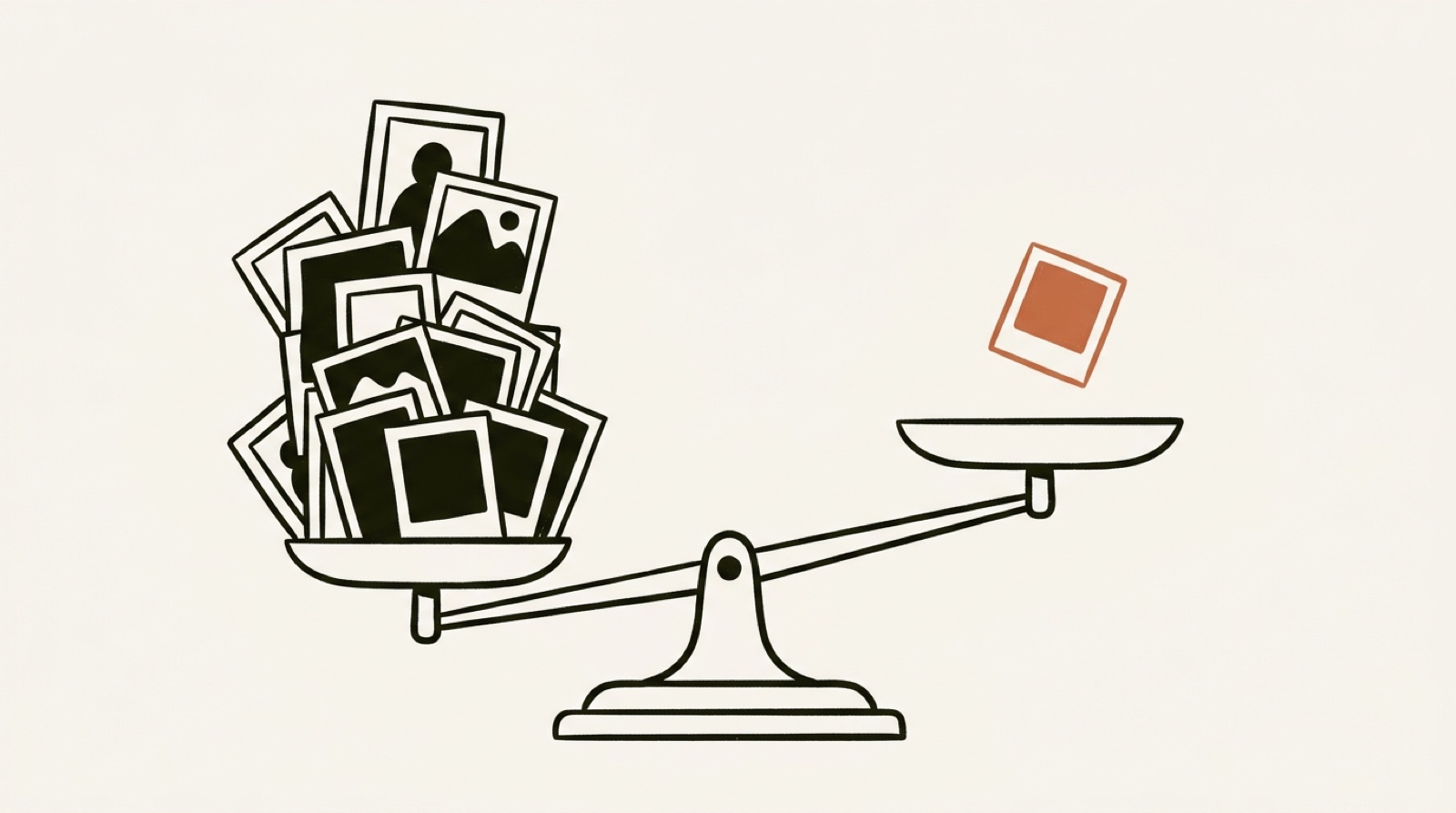 A warm editorial illustration of a balance scale where a heavy stack of photos weighs one side down while a single small, light photo rises on the other, in cream and near-black tones