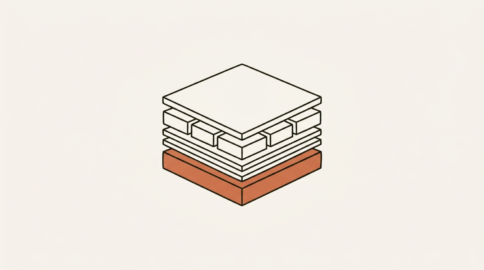 A warm editorial illustration of a tidy build stack — design tokens flowing into components flowing into fast static pages, like neat building blocks on a workbench, cream background with near-black accents