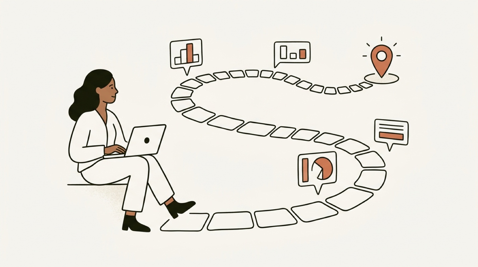 A warm editorial illustration of a B2B buyer's journey, a winding path where most of the steps happen quietly on a screen before a single conversation, cream background with near-black line work