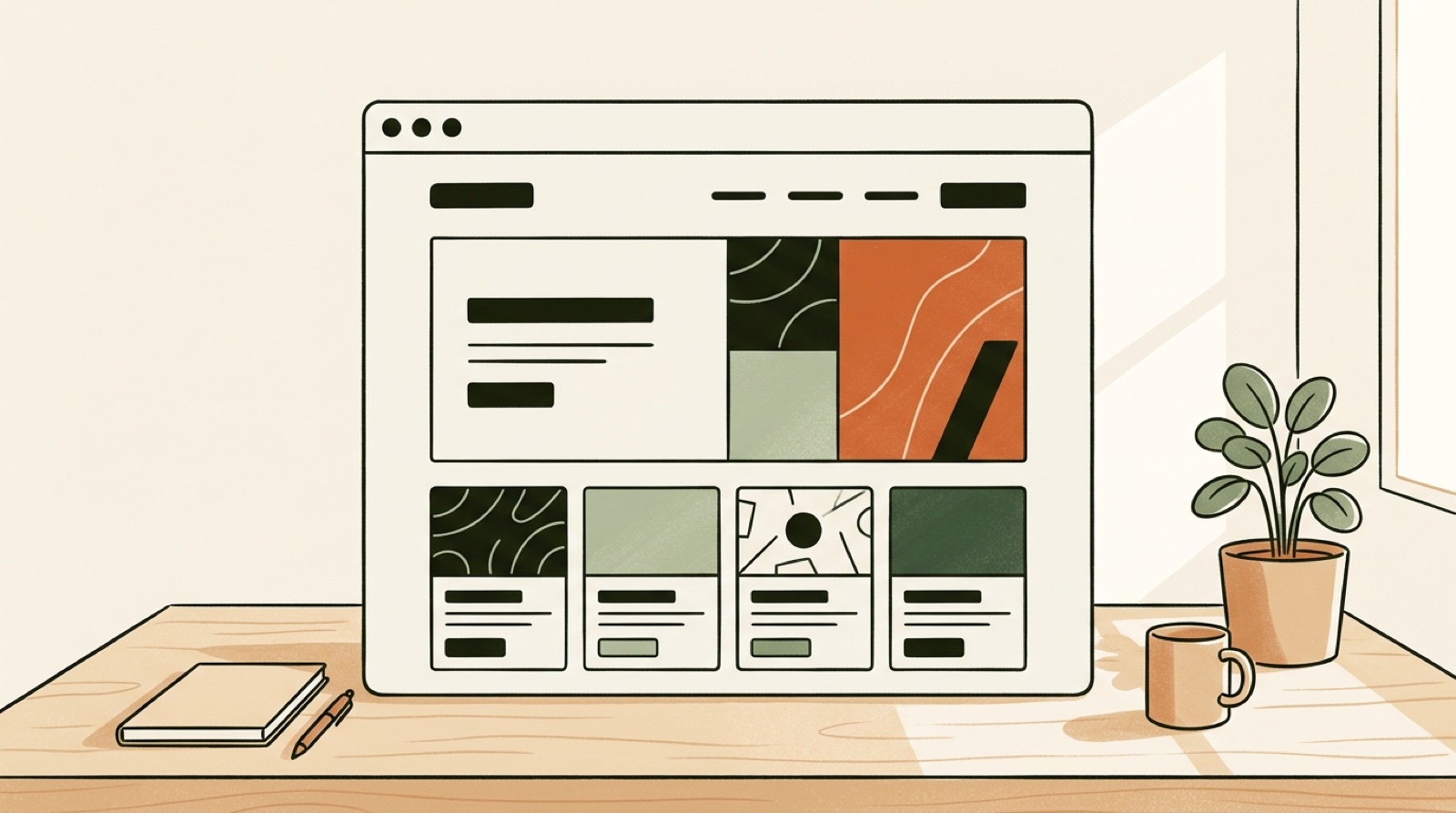 A warm editorial illustration of a clean, freshly rebuilt corporate website shown in a browser window on a tidy desk with a plant and a mug, in cream and near-black tones