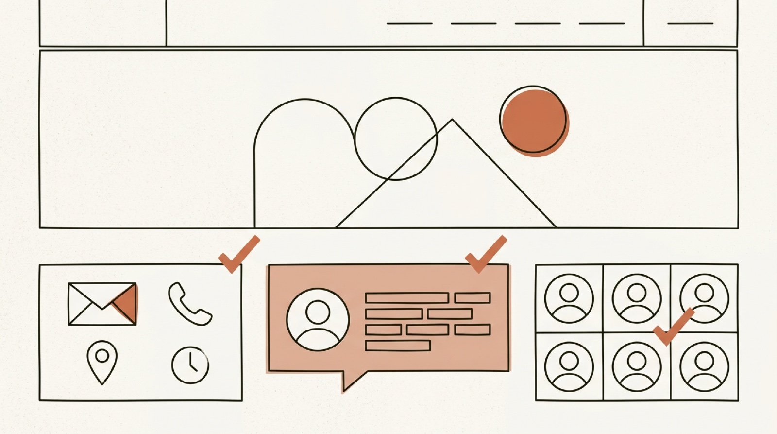 A warm editorial illustration of trust signals on a website — a checkmark, clear pricing, a contact card and a fresh date stamp arranged like building blocks, cream background with near-black detail