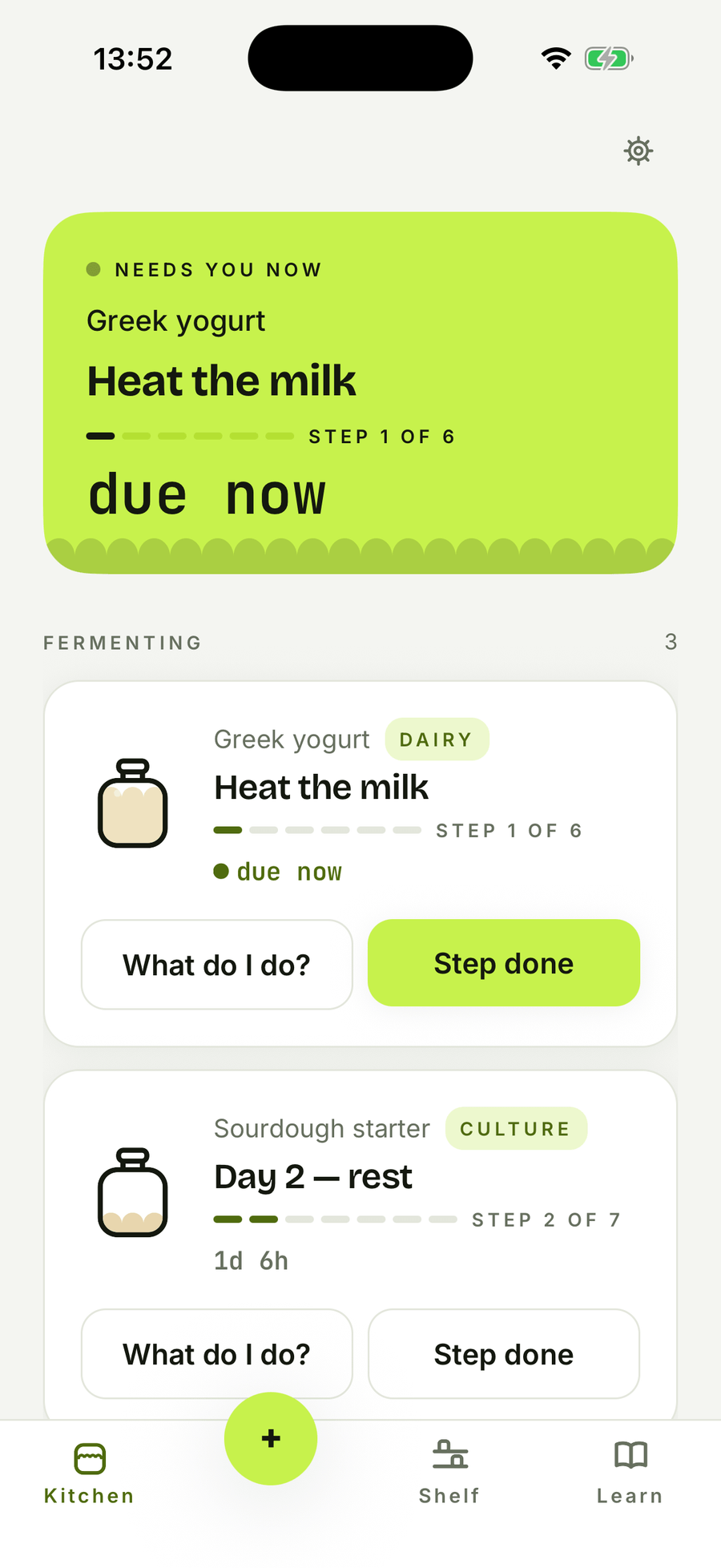 barm's Kitchen screen with a lime hero card reading “needs you now” for a batch of Greek yogurt at the step “Heat the milk”, above three fermenting cards for the yogurt, a sourdough starter counting down 1 day 6 hours and a kimchi counting down 2 days 6 hours.
