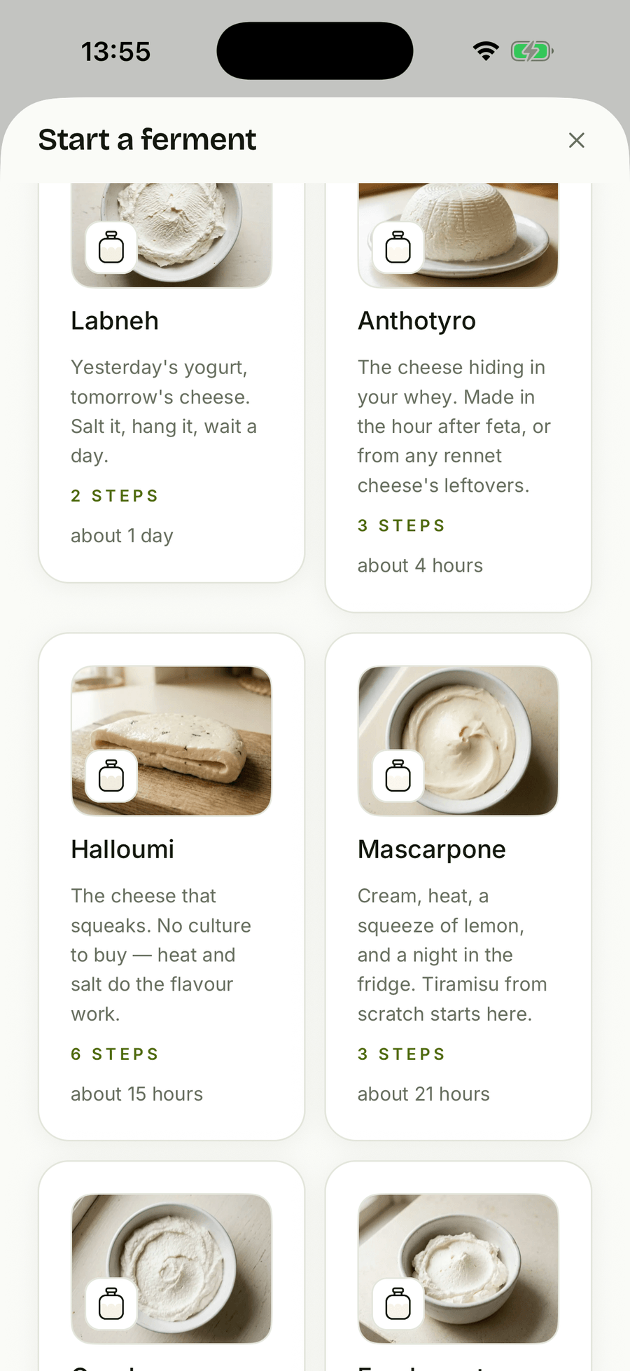 barm's recipe grid scrolled to the cheeses, showing labneh, anthotyro, halloumi, mascarpone, quark and fresh goat cheese, each with a photograph of the finished thing and a drawn jar badge.
