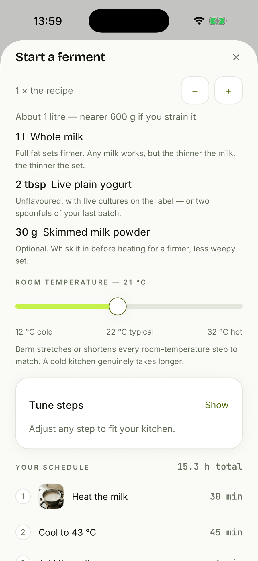 barm's configure screen for Greek yogurt, with a dose stepper set to one times the recipe, all three ingredients listed with their notes, a room-temperature slider and the top of the schedule.