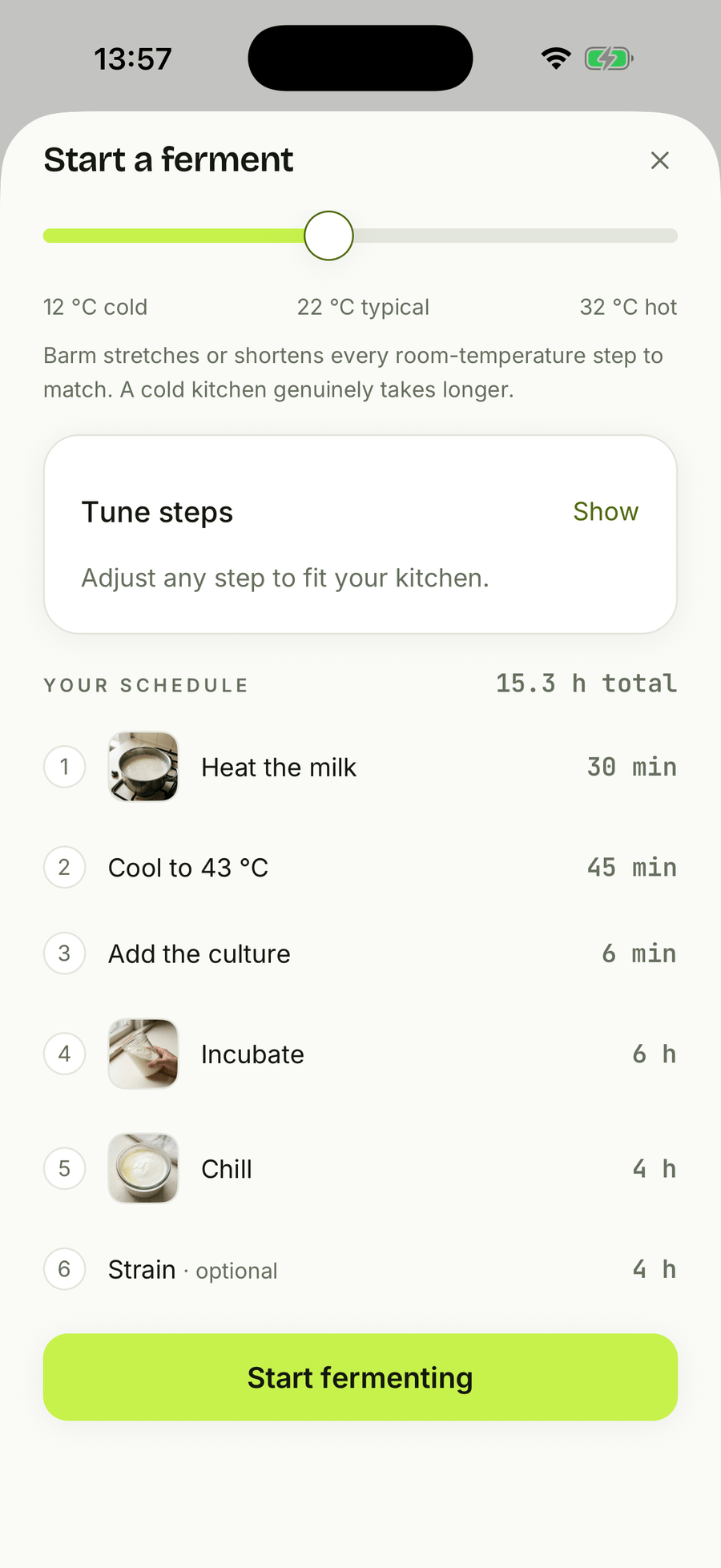 The same configure screen scrolled down to the full plan, headed “your schedule, 15.3 hours total”, with each step's duration and thumbnail listed above the start button.