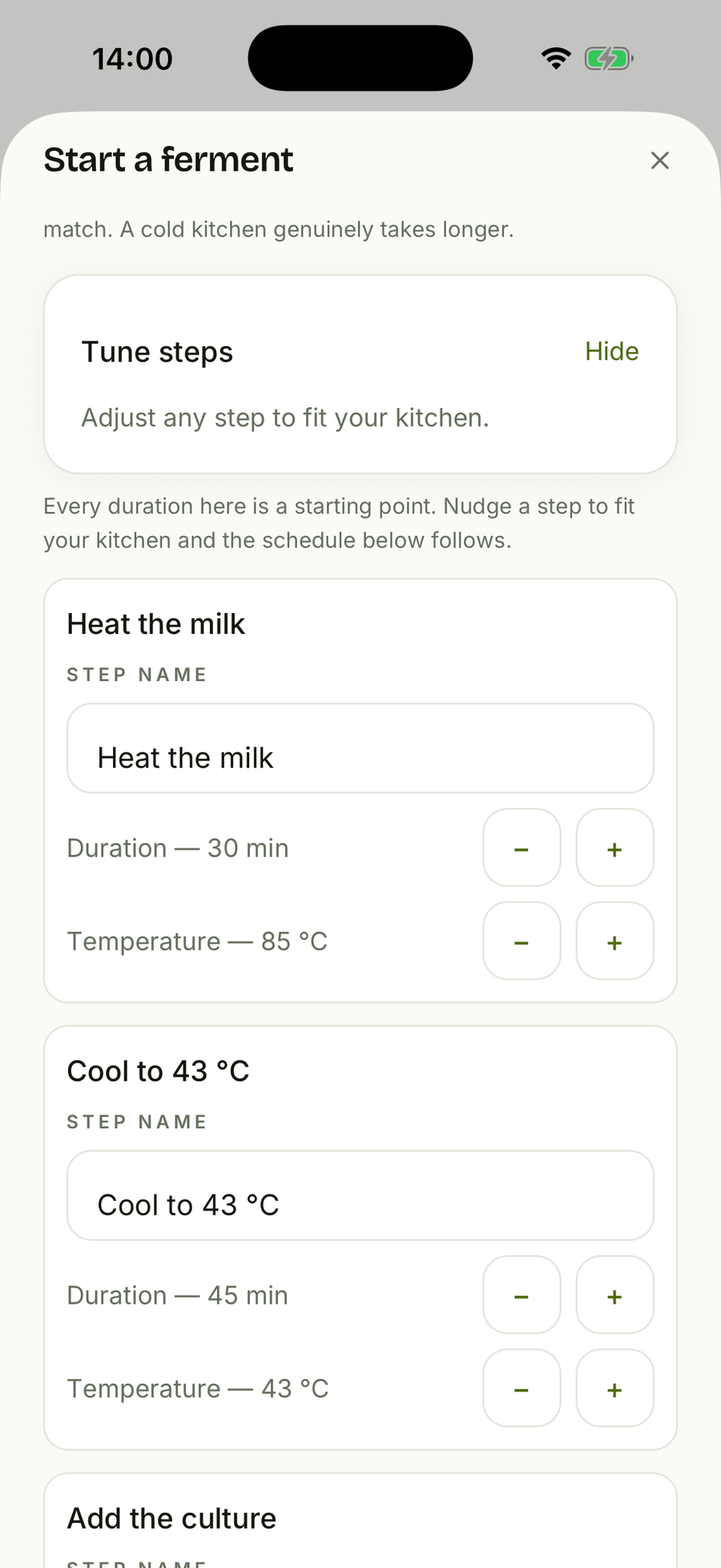 barm's per-step editing panel open over the configure screen, with duration and temperature steppers for the steps “Heat the milk” and “Cool to 43 °C”.