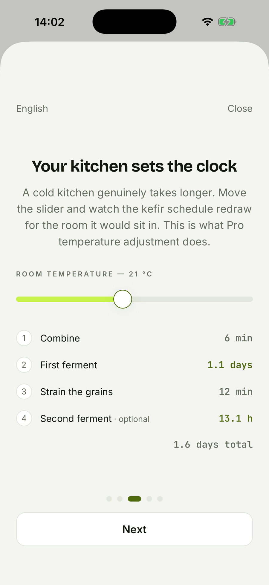 A page of barm's interactive guide titled “your kitchen sets the clock”, with a temperature slider above a kefir schedule that redraws as the slider moves.