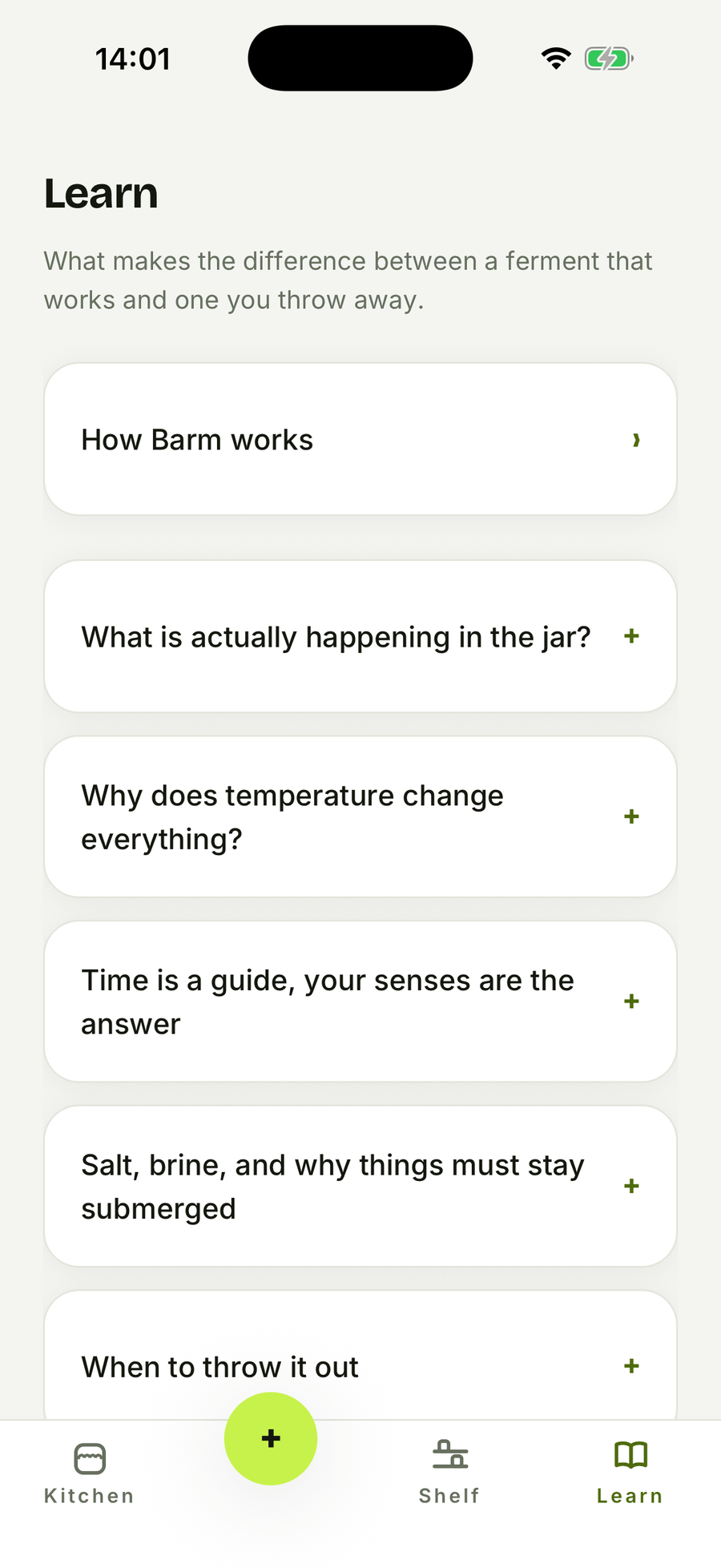 barm's Learn screen listing its articles on the things that decide how a ferment turns out.