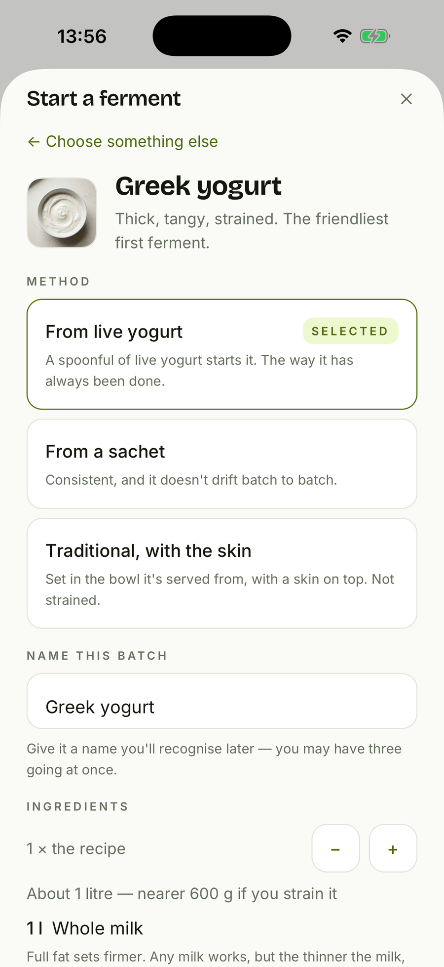 barm's method selector for Greek yogurt, offering three routes: from live yogurt, currently selected, from a sachet, and traditional with the skin.