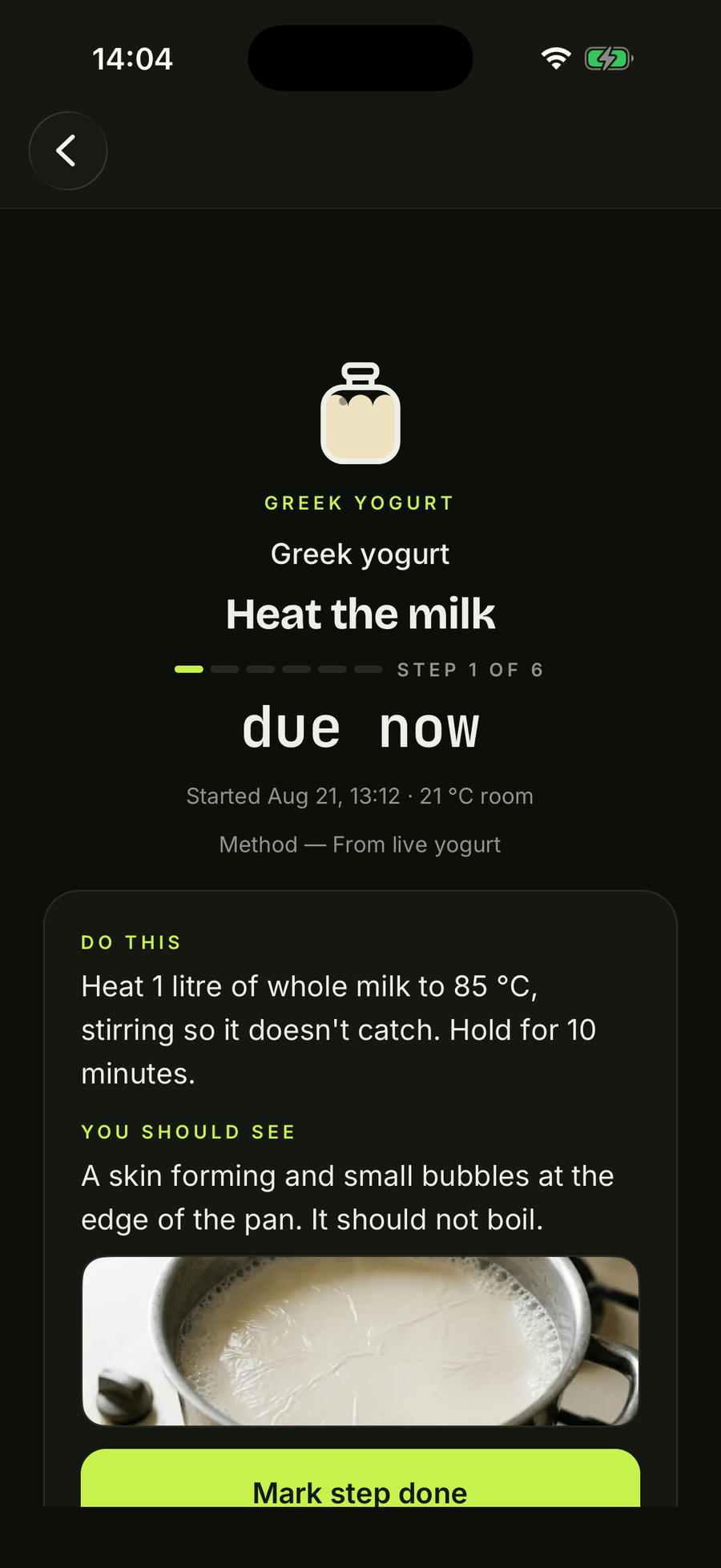 A Greek yogurt batch step in barm's dark theme, showing the instruction, what you should see, and the checkpoint photograph.