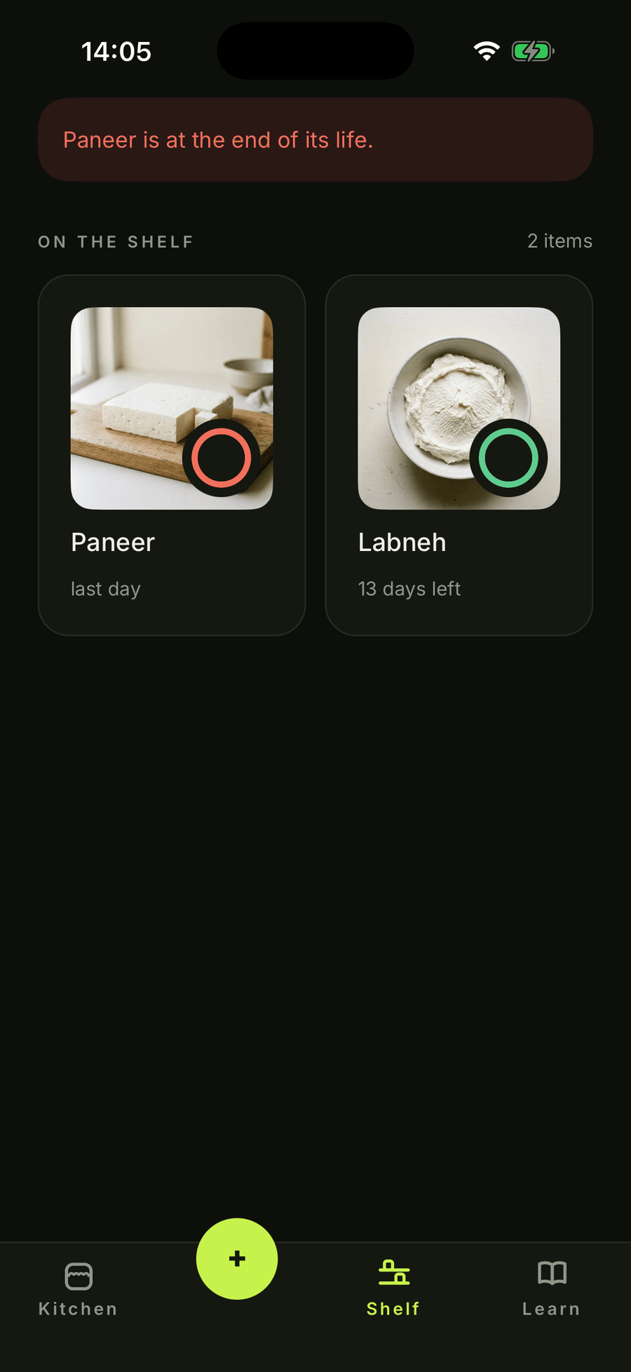 barm's shelf in dark theme, with the paneer and labneh jars and their countdown rings.