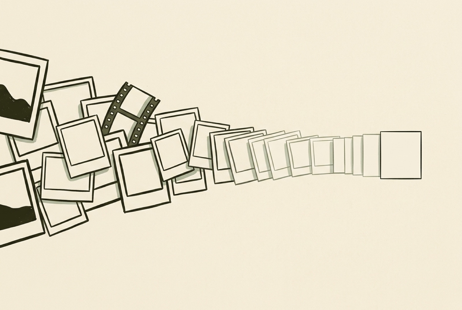 Illustration of heavy, mismatched photos and a film strip condensing into a single light, crisp image