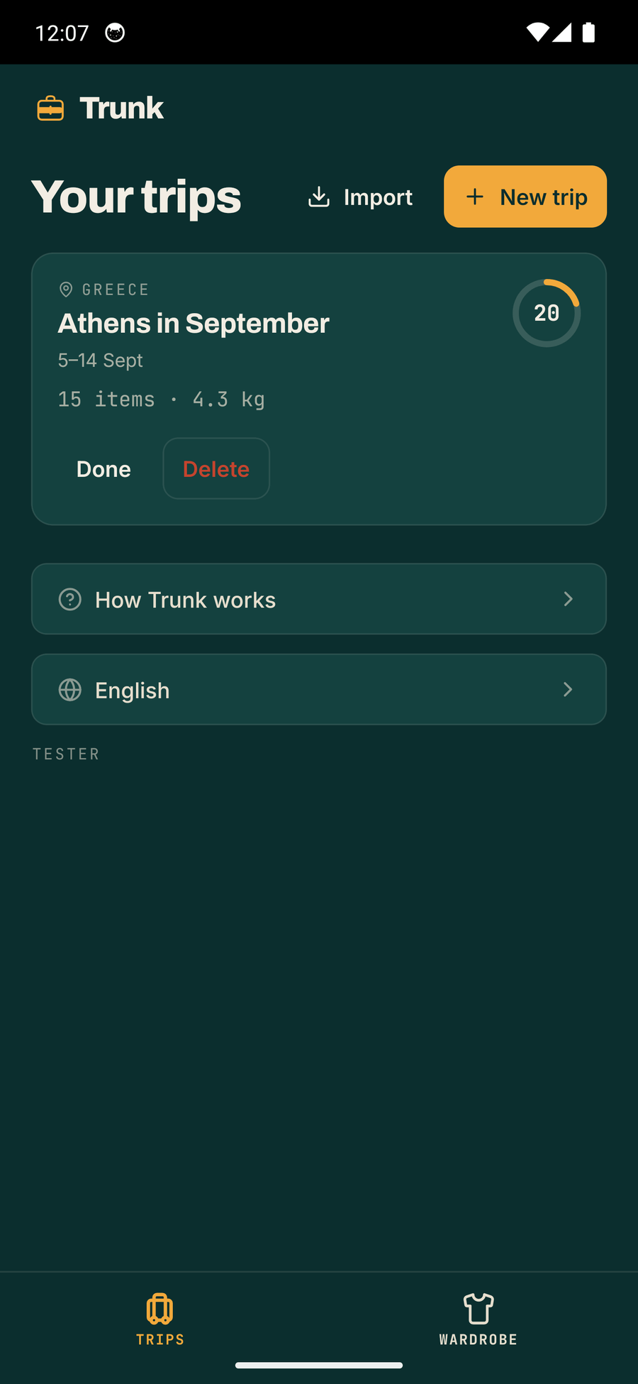 Trunk's trips list on Android, showing one trip card for Athens in September with its dates, a count of fifteen things, a total weight and a circular indicator reading twenty per cent packed.