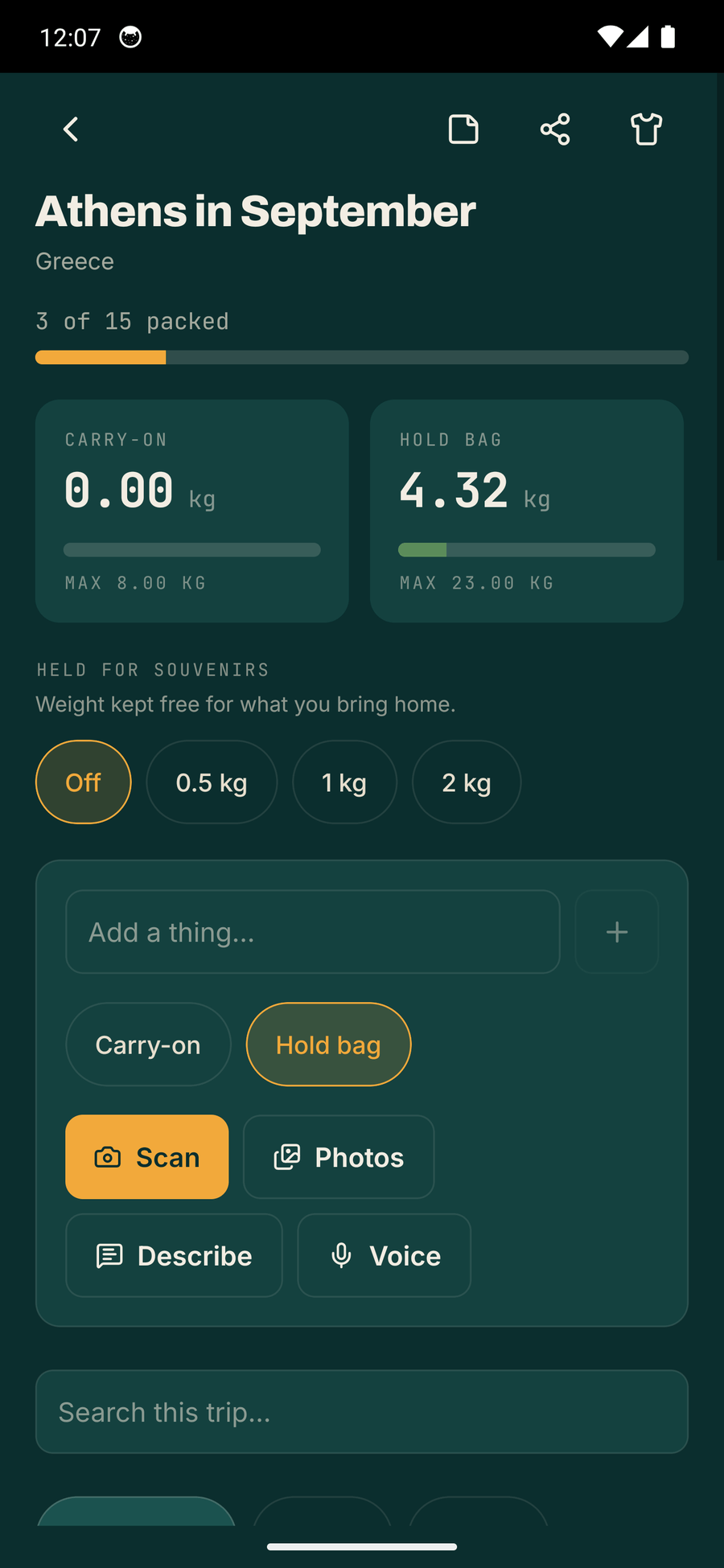 The Athens trip screen in Trunk, with a packed progress bar above two bag cards, Carry-on and Hold bag, each showing its running weight against its limit, plus the souvenir allowance and the quick-add panel.