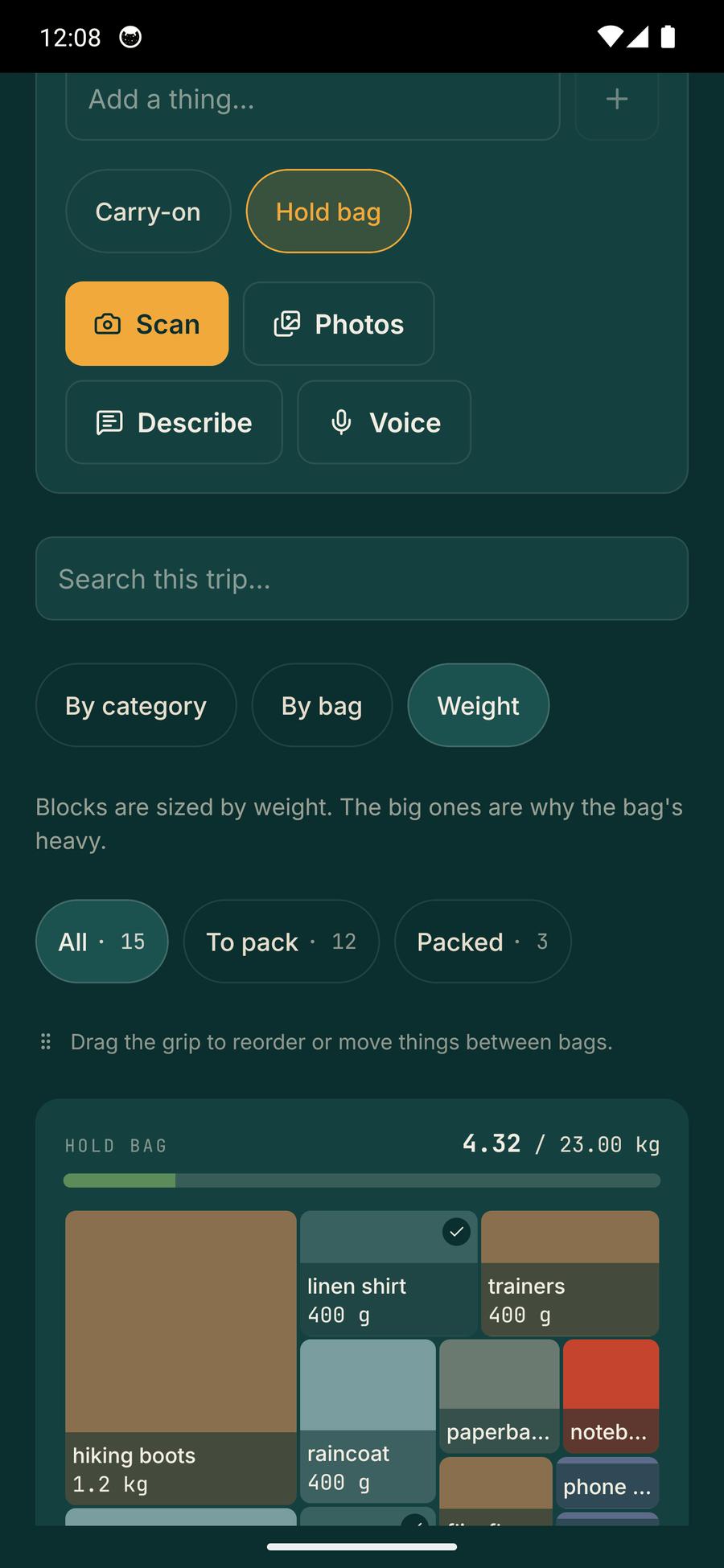 Trunk's weight map for the hold bag, drawing hiking boots, a linen shirt, trainers, a raincoat, a paperback, a notebook and a phone charger as coloured blocks sized in proportion to what each one weighs.