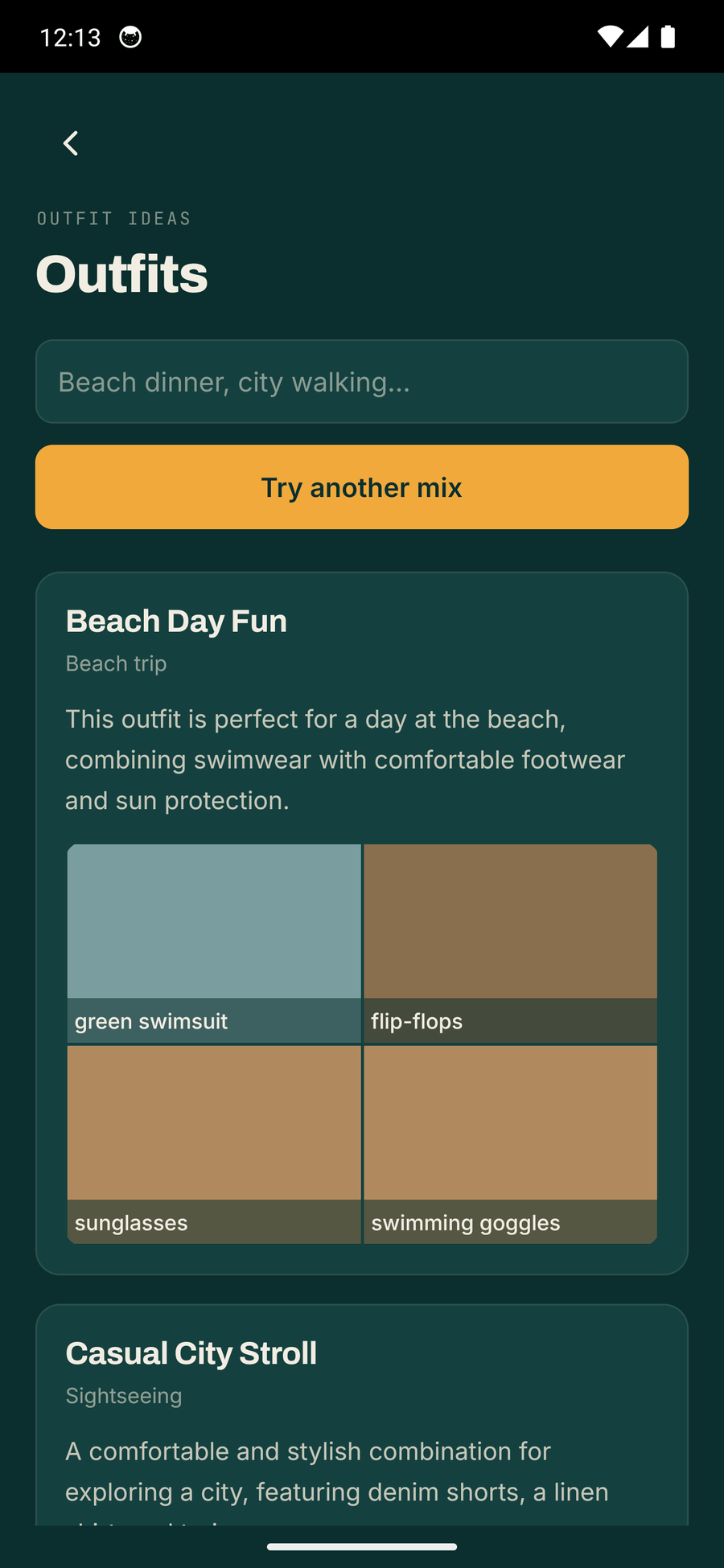 Trunk's outfits screen with two suggested outfits, Beach Day Fun and Casual City Stroll, each built as a mosaic of category tiles from the clothes packed for this trip.
