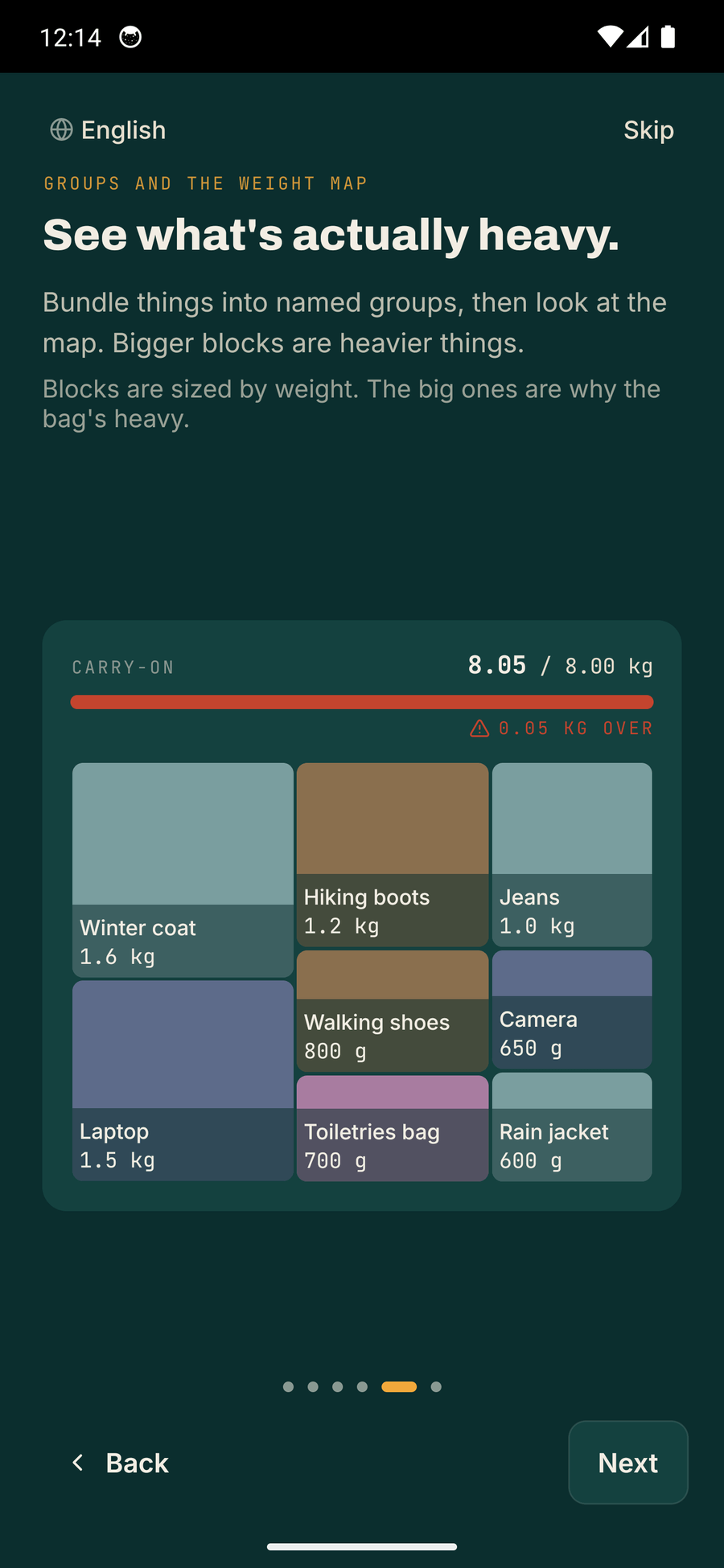 A page of Trunk's built-in guide explaining groups and the weight map, with a demonstration bag sitting at 8.05 of 8.00 kg, its bar red and a warning reading 0.05 kg over.