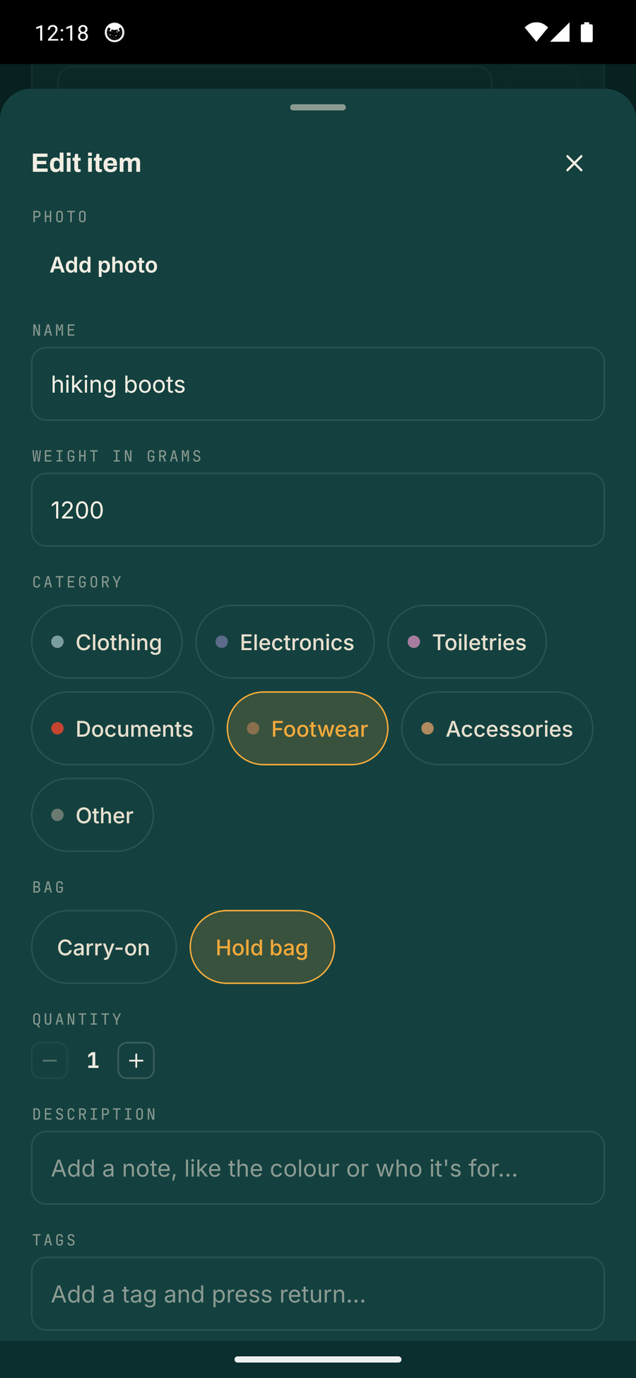 Trunk's edit sheet for a pair of hiking boots, showing the name, the weight in grams, category chips, a toggle set to Hold bag, a quantity stepper, and description and tag fields.