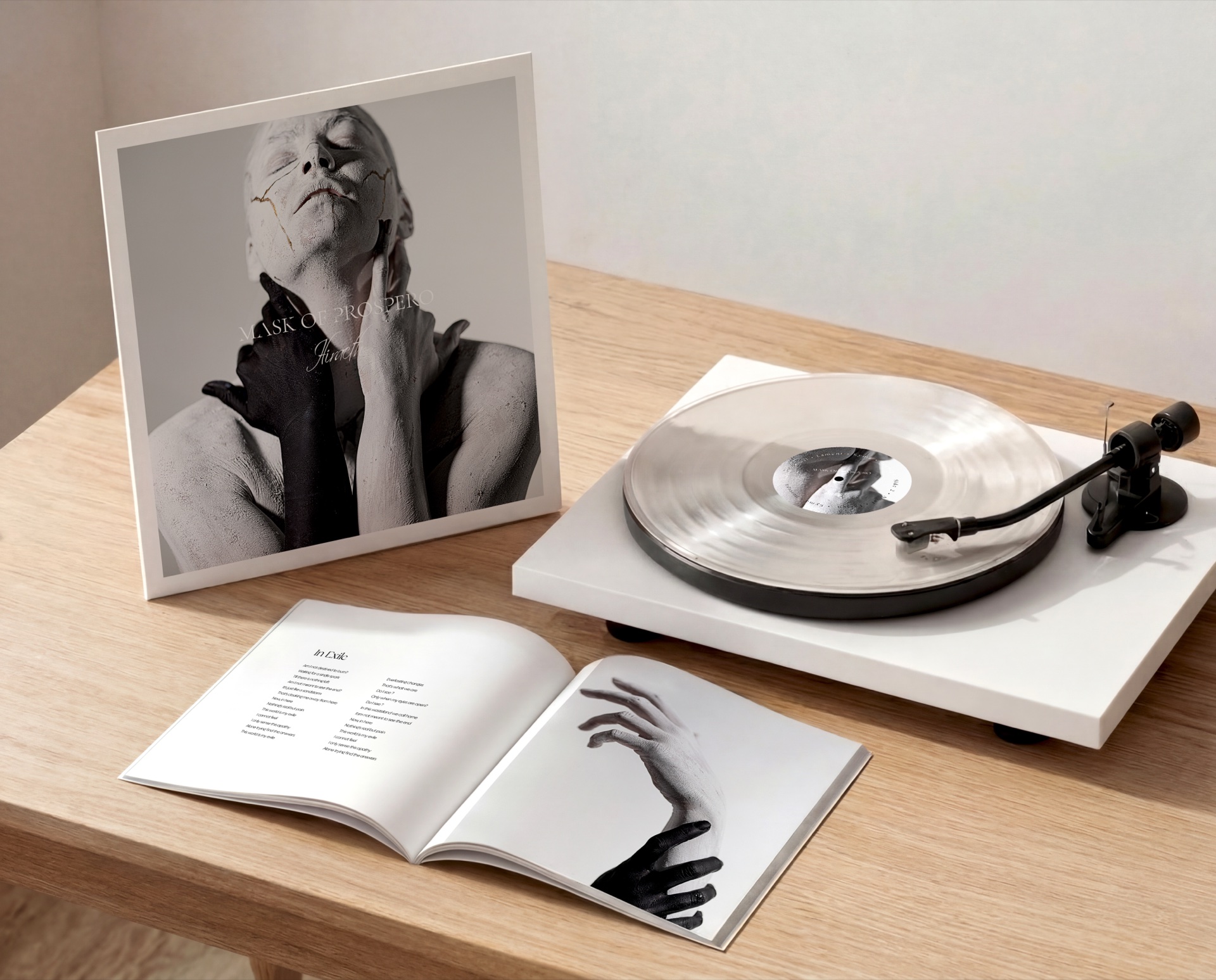 Mask of Prospero album cover and clear vinyl held inside a record store, shelves of records lining the background