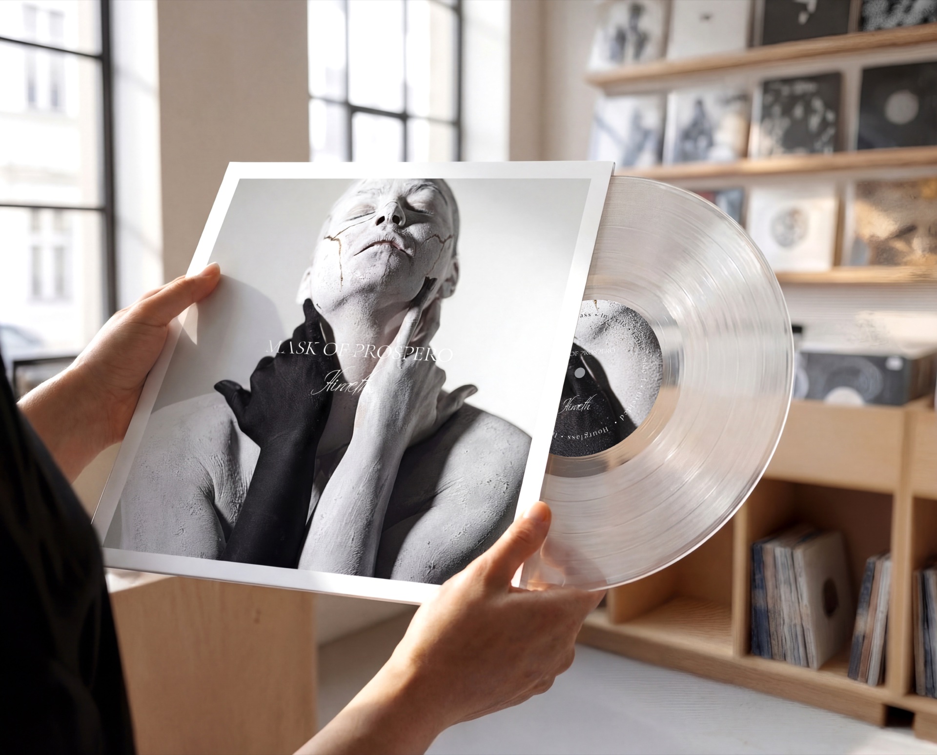 Hiraeth album cover and clear vinyl tilted in the hands of a record-store visitor by a sunlit window