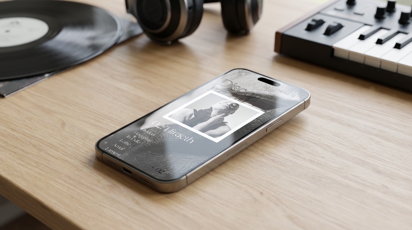 Discography mockup — Mask of Prospero album list on an iPhone resting on a wood desk beside a vinyl and headphones