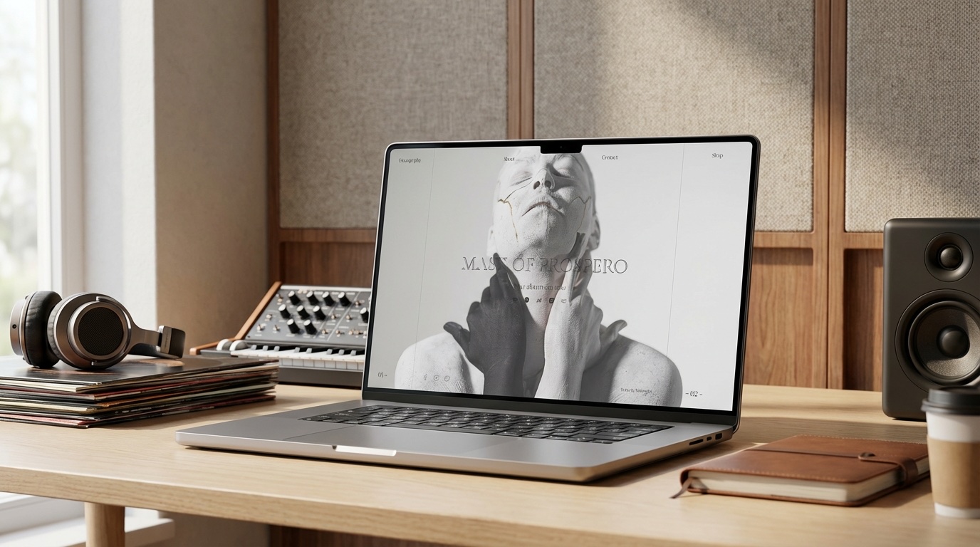 Mask of Prospero website mockup shown on a MacBook on a studio desk surrounded by speakers and synths