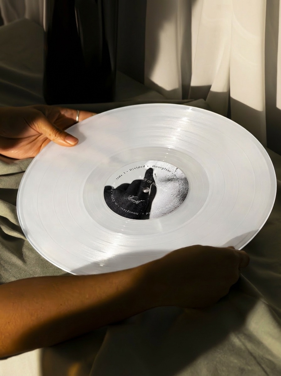 Hands holding the clear Mask of Prospero vinyl above linen, the printed label visible at the center