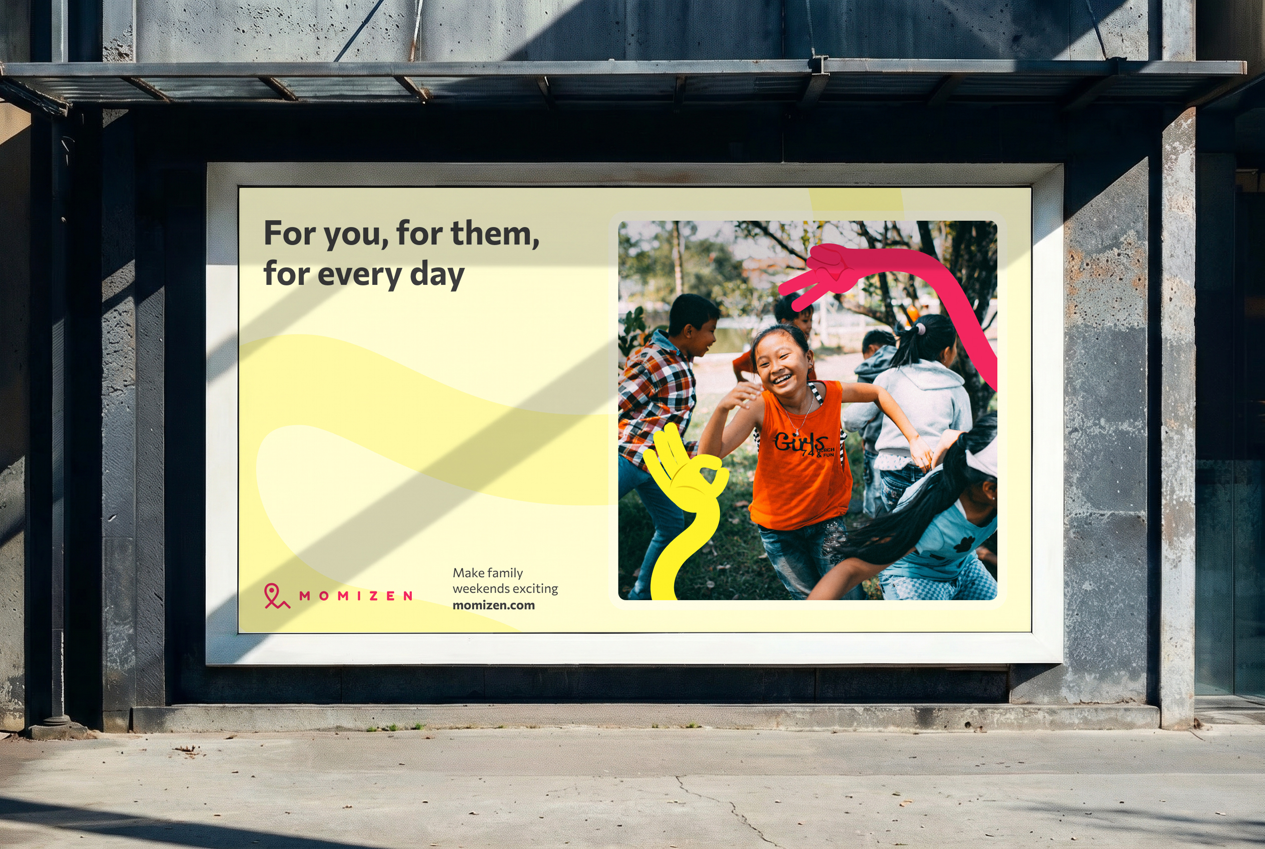 Momizen brand identity — bold typography, warm colour palette and distinctive pink location pin