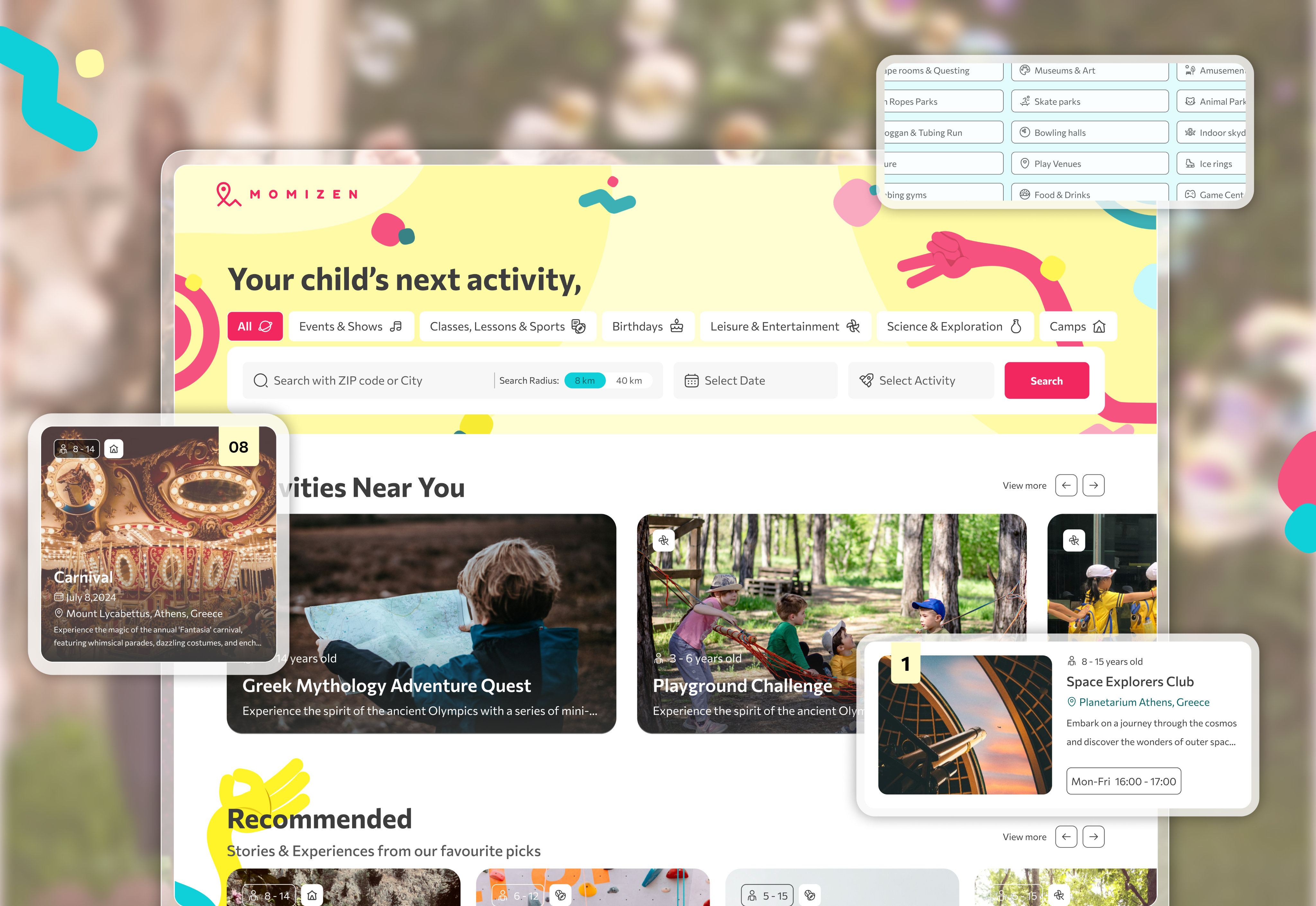 Momizen platform product view — clean activity listing with provider profile and clear call-to-action