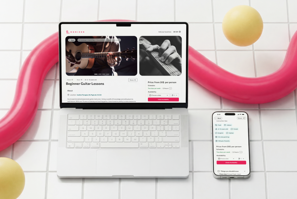 Momizen activity detail page — full provider profile with photos, description and direct contact
