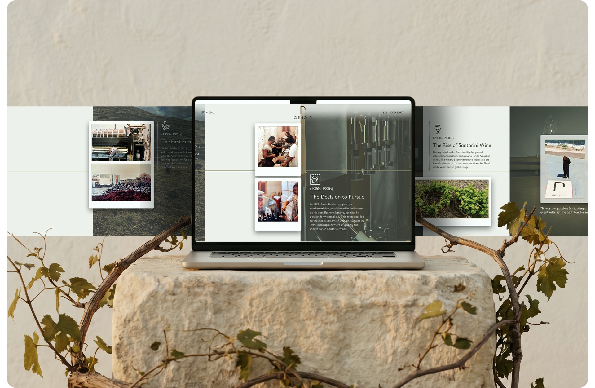 MacBook on a stone pedestal showing the OENO P History page — paper-card timeline of 1980s and 1990s milestones layered over a textured wall