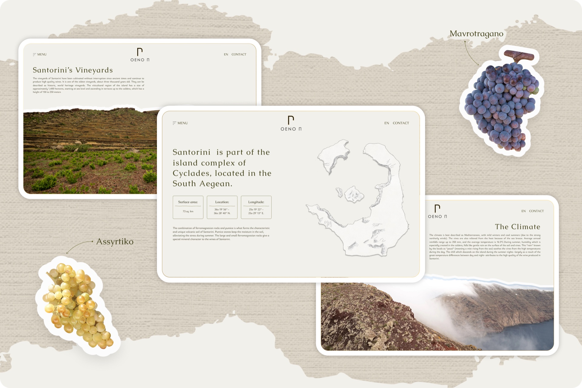 Three OENO P website panels laid over kraft paper — Santorini's Vineyards, the South Aegean island map and The Climate, with Mavrotragano and Assyrtiko grape illustrations
