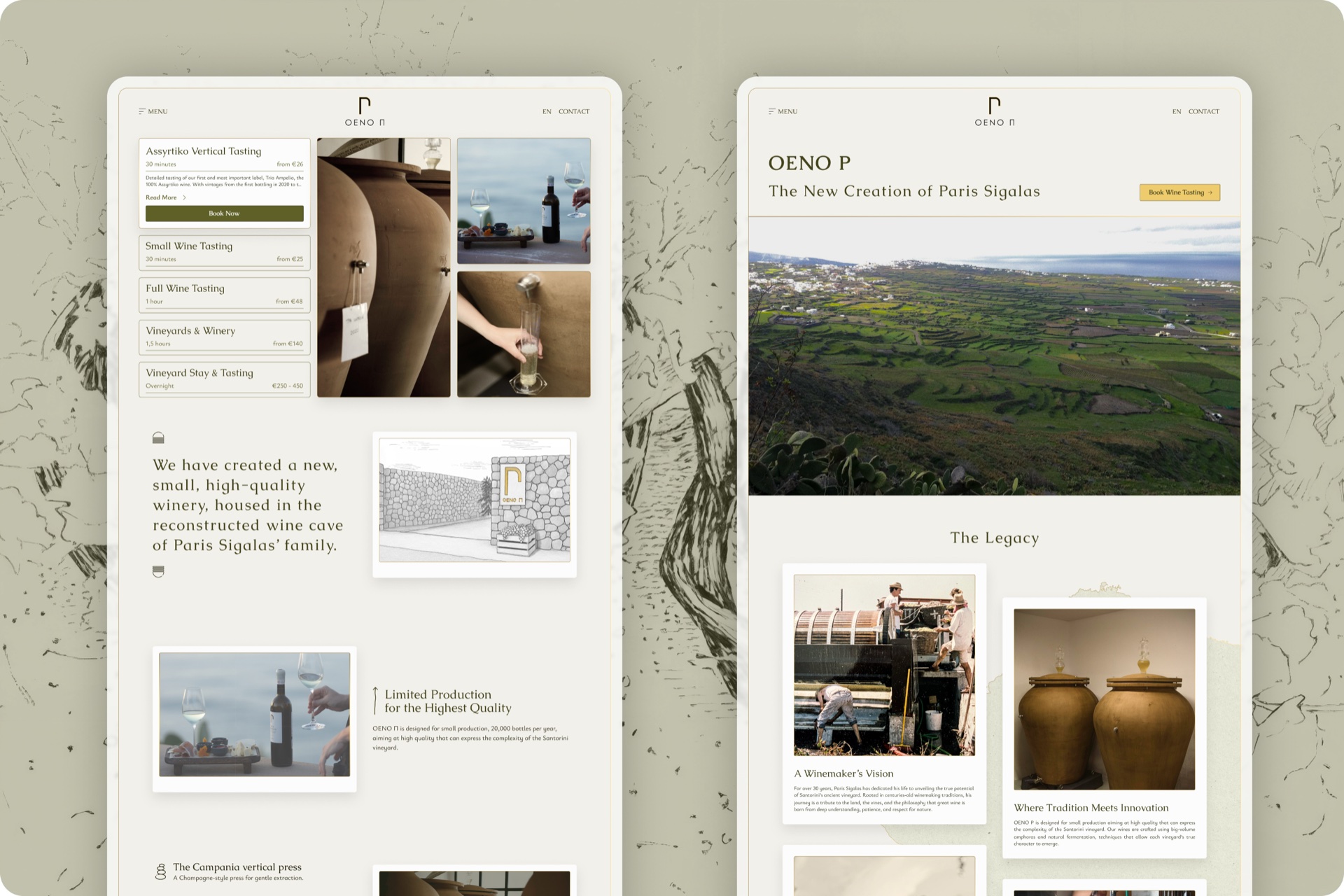 Two tablets side by side — Visit OENO P booking page with four tasting tiers on the left, The Legacy section with vineyard and amphorae imagery on the right