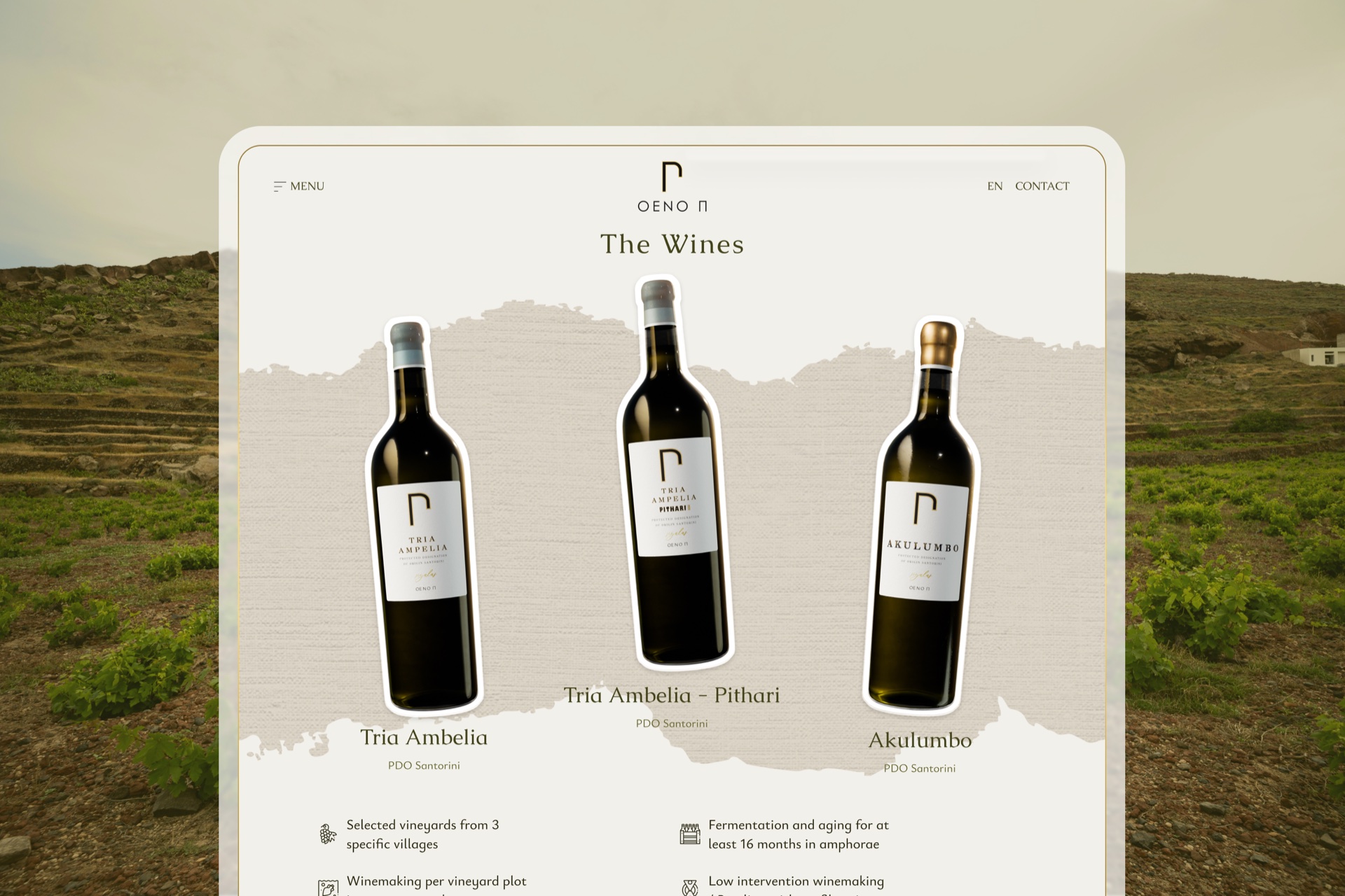 OENO P 'The Wines' page rendered on a tablet over a Santorini vineyard, presenting the Tria Ampelia, Pithari and Akulumbo bottles with production notes