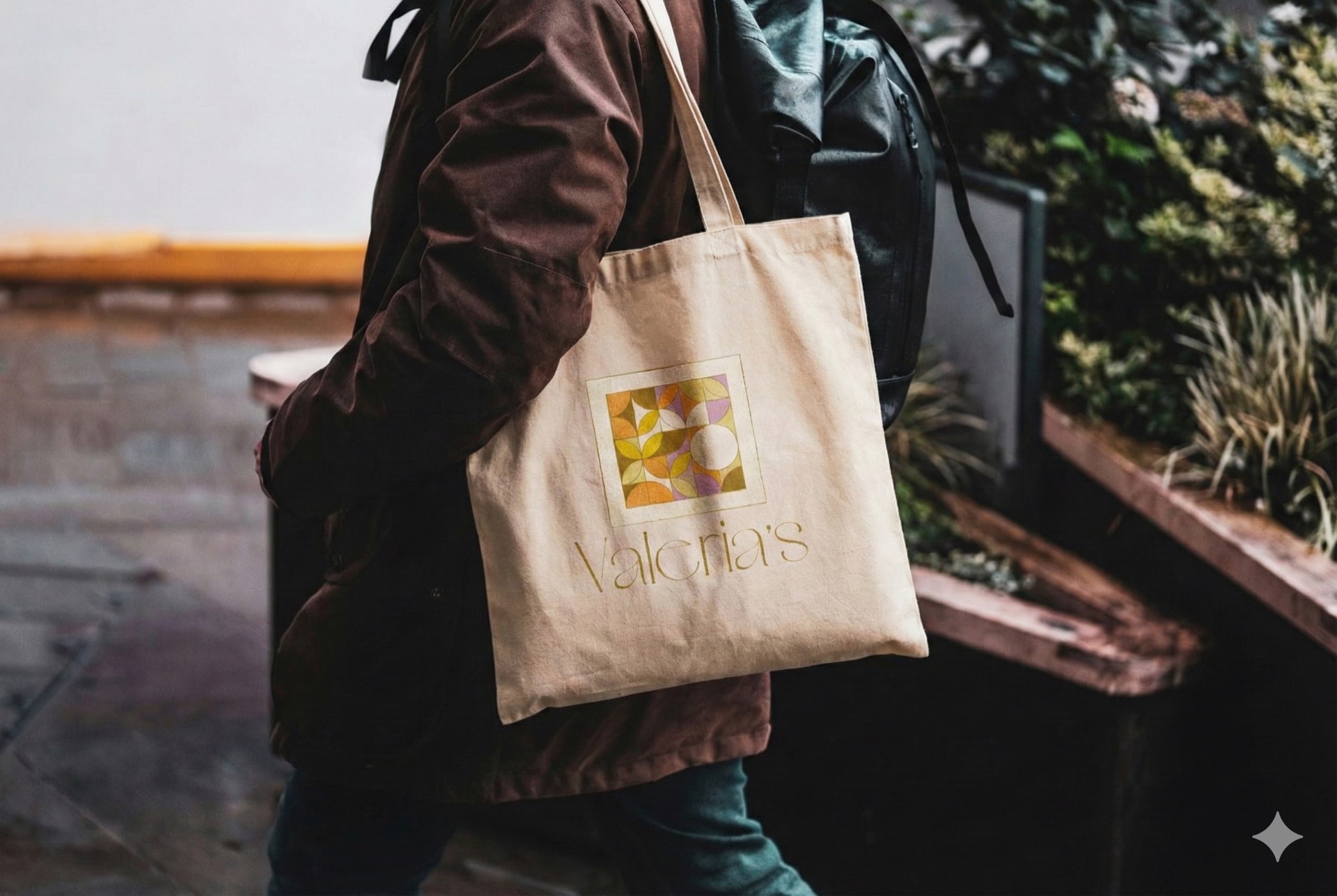 Guest carrying a canvas Valeria's House tote bag printed with the geometric mosaic logo, walking past a courtyard planter