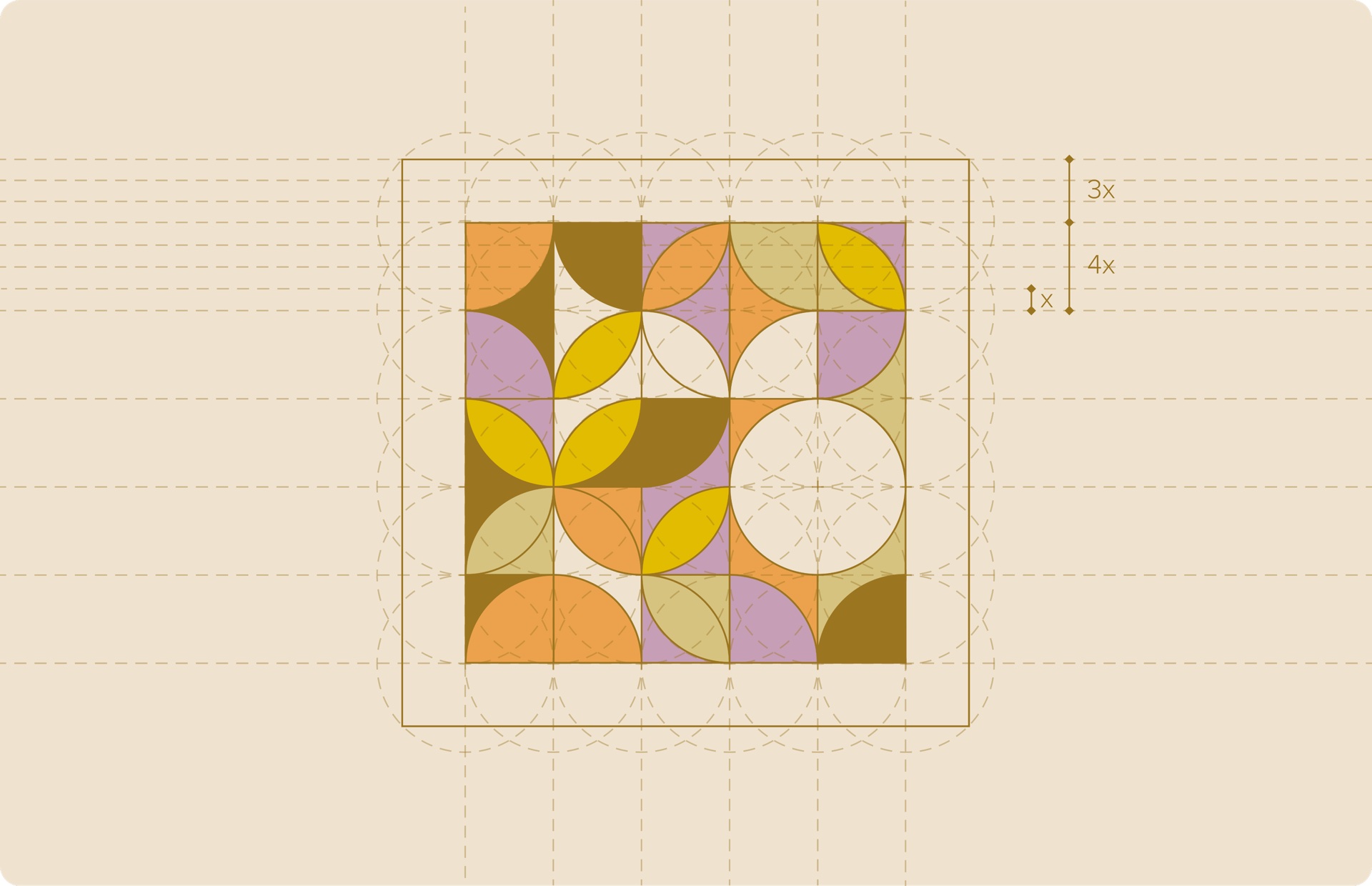 Construction grid showing the Valeria's House mosaic logo geometry with 3x and 4x proportional scaffolding
