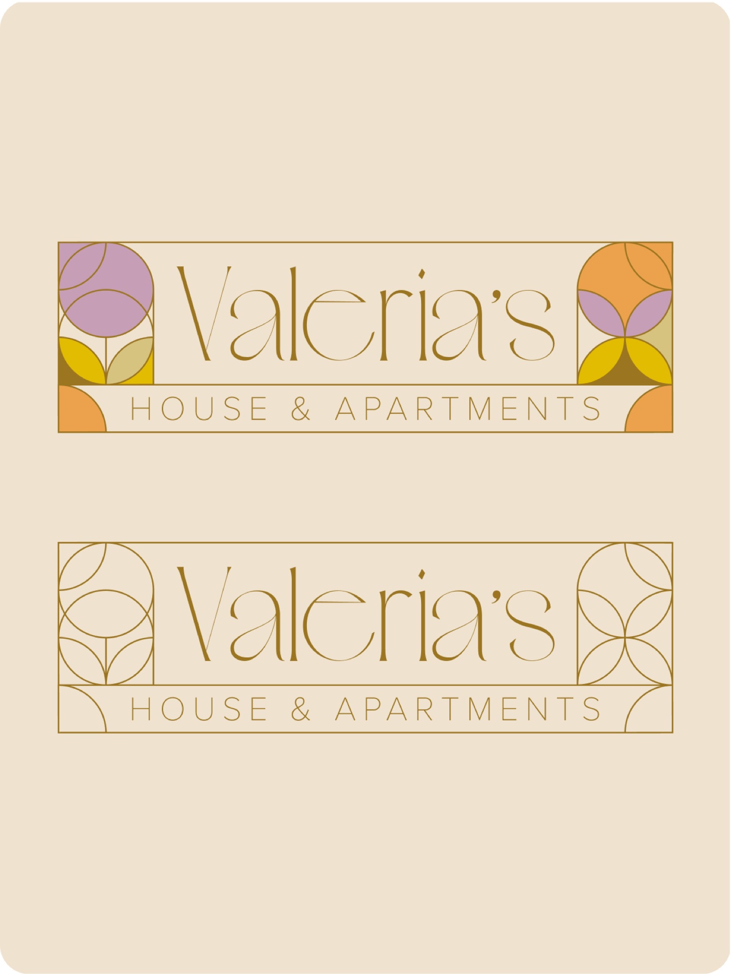 Two horizontal Valeria's House lockups stacked on a cream backdrop — the colour mosaic mark and a line-art monochrome variant