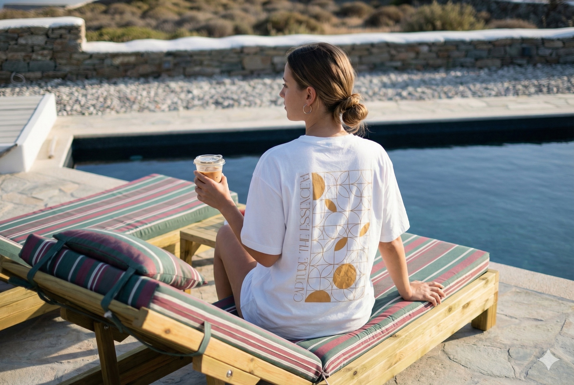 Guest on a striped sun-lounger beside the stone-edged pool, wearing a Valeria's House branded t-shirt and holding an iced coffee in golden afternoon light