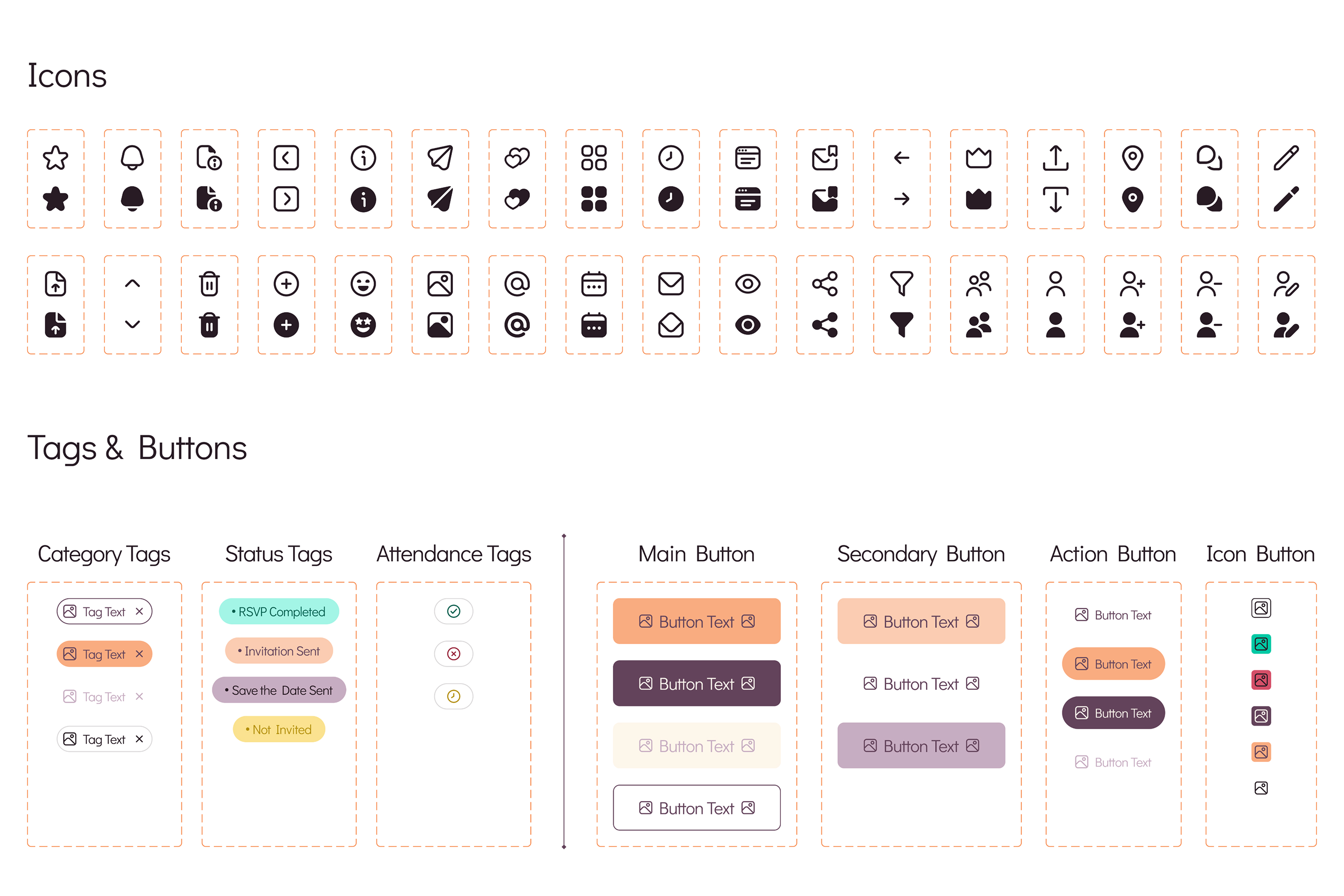 WhiteClover design system reference — icon set, category and status tags, and four button variants ranged across a working canvas