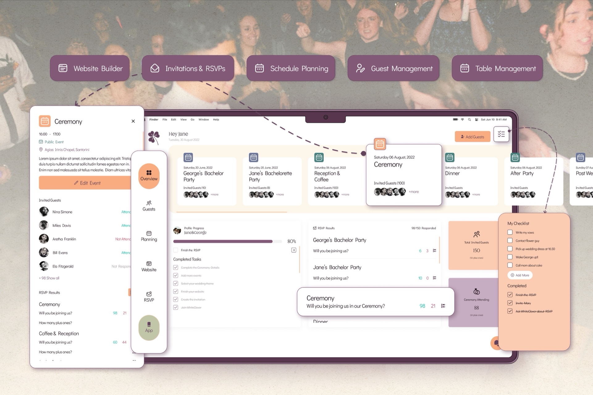 Wide banner of the WhiteClover dashboard — guests, planning, vendors and RSVPs flowing across the canvas