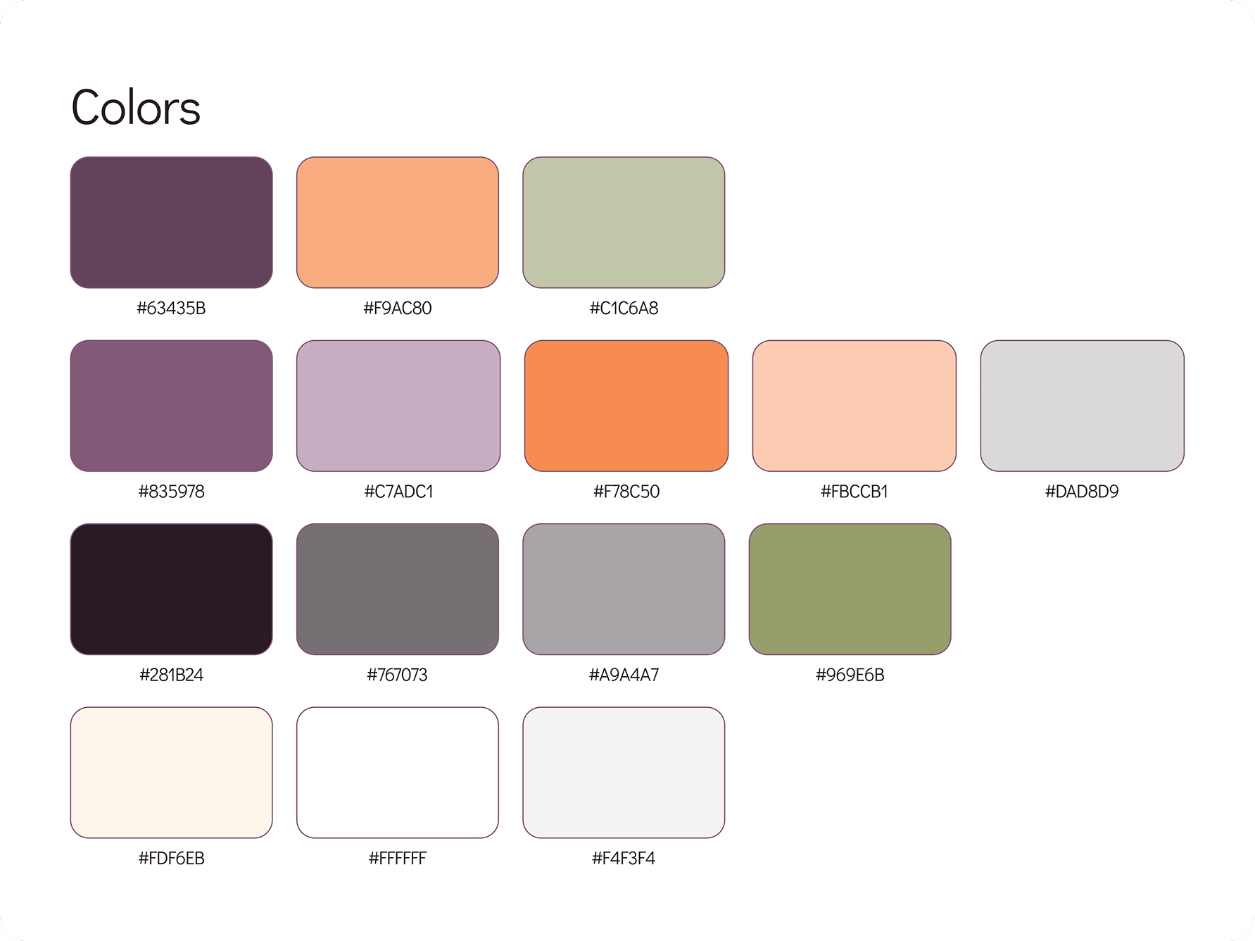WhiteClover brand colour palette — fifteen swatches anchored by deep aubergine and warm peach, with neutral creams and greys