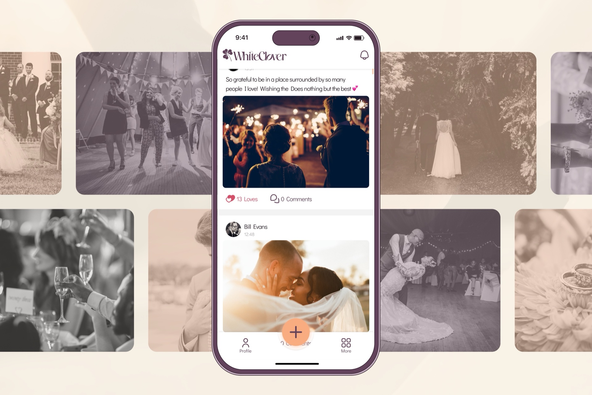 WhiteClover event feed on an iPhone, layered over a collage of wedding moments — first dances, kisses, group portraits