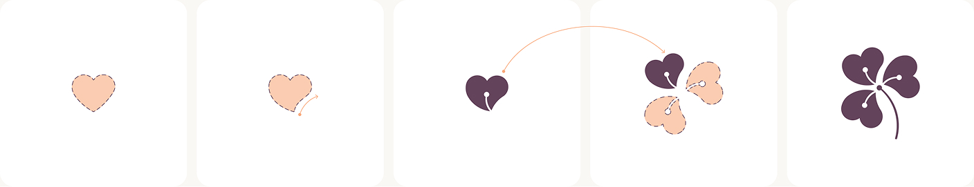 WhiteClover logo evolution — three hearts converging into the final clover mark