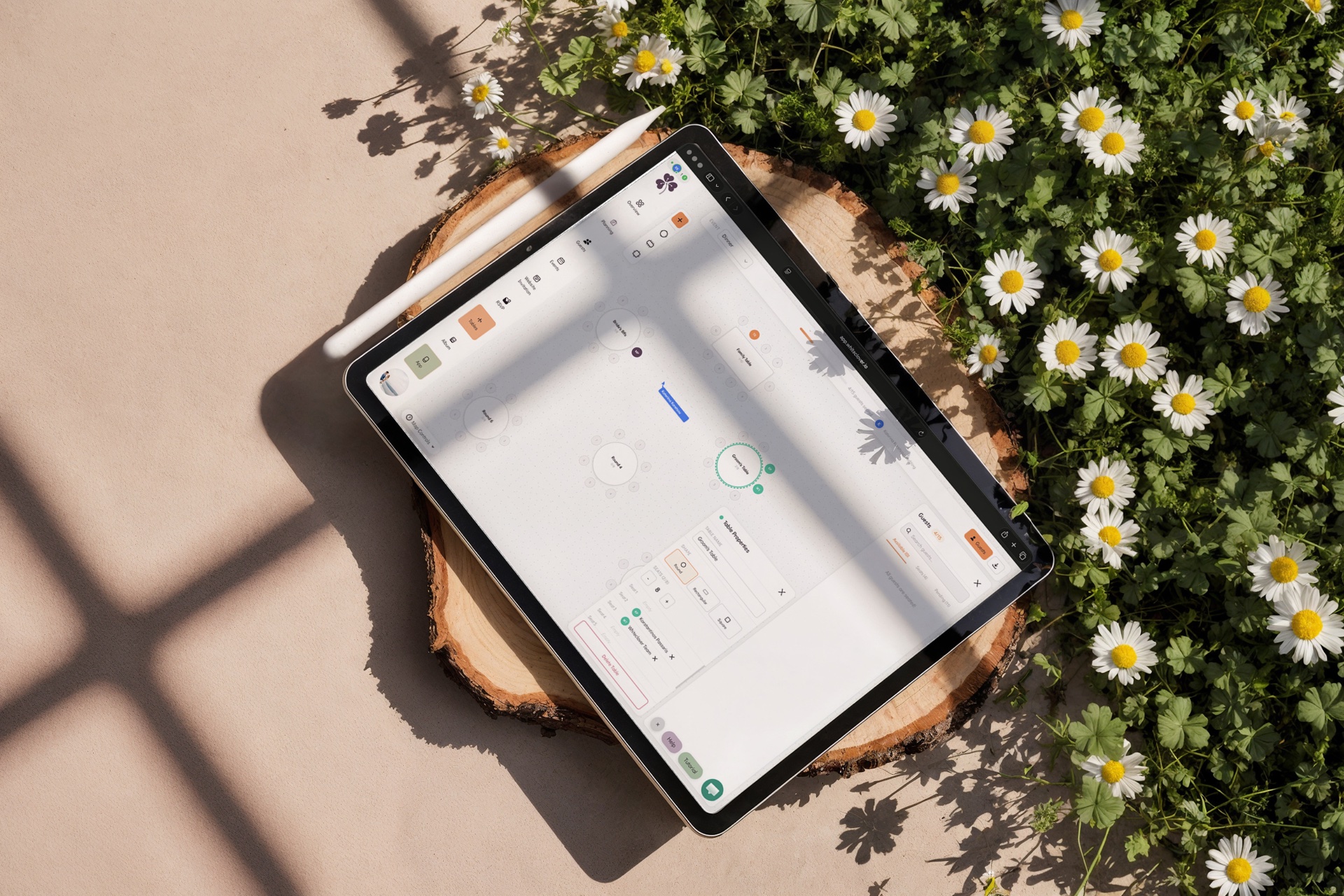 WhiteClover template builder on a tablet — couples customise their wedding website with live previews