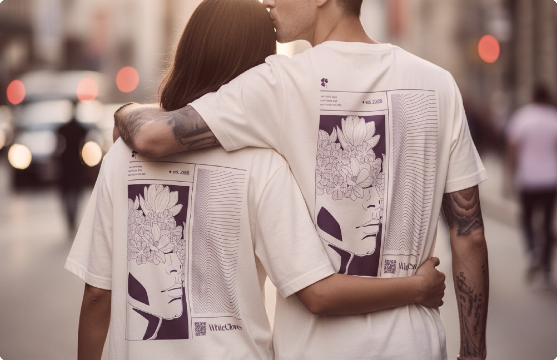 Couple wearing matching WhiteClover branded t-shirts on a sunlit terrace