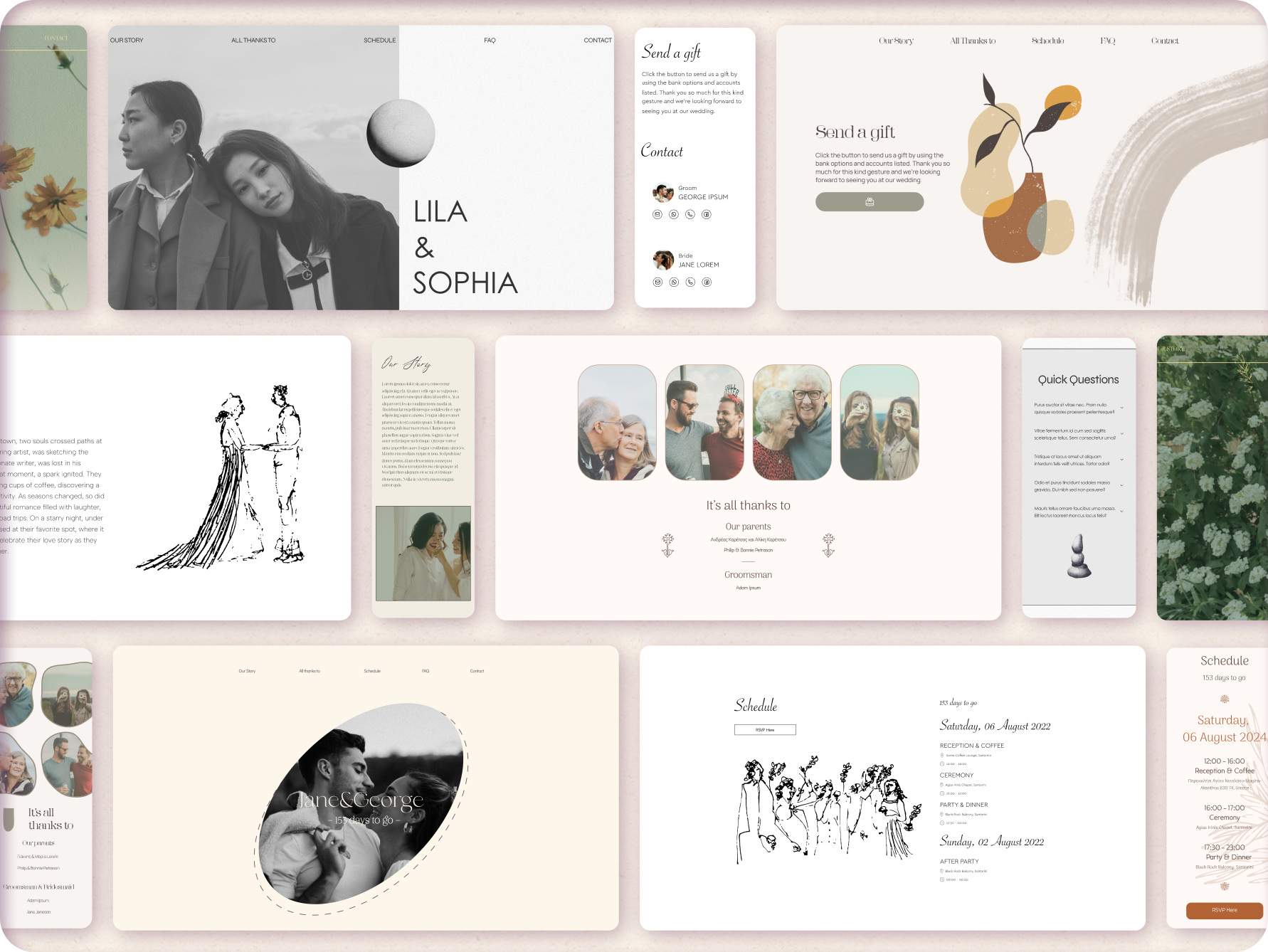 Grid of WhiteClover wedding website templates showing different layouts and palettes for couples to start from